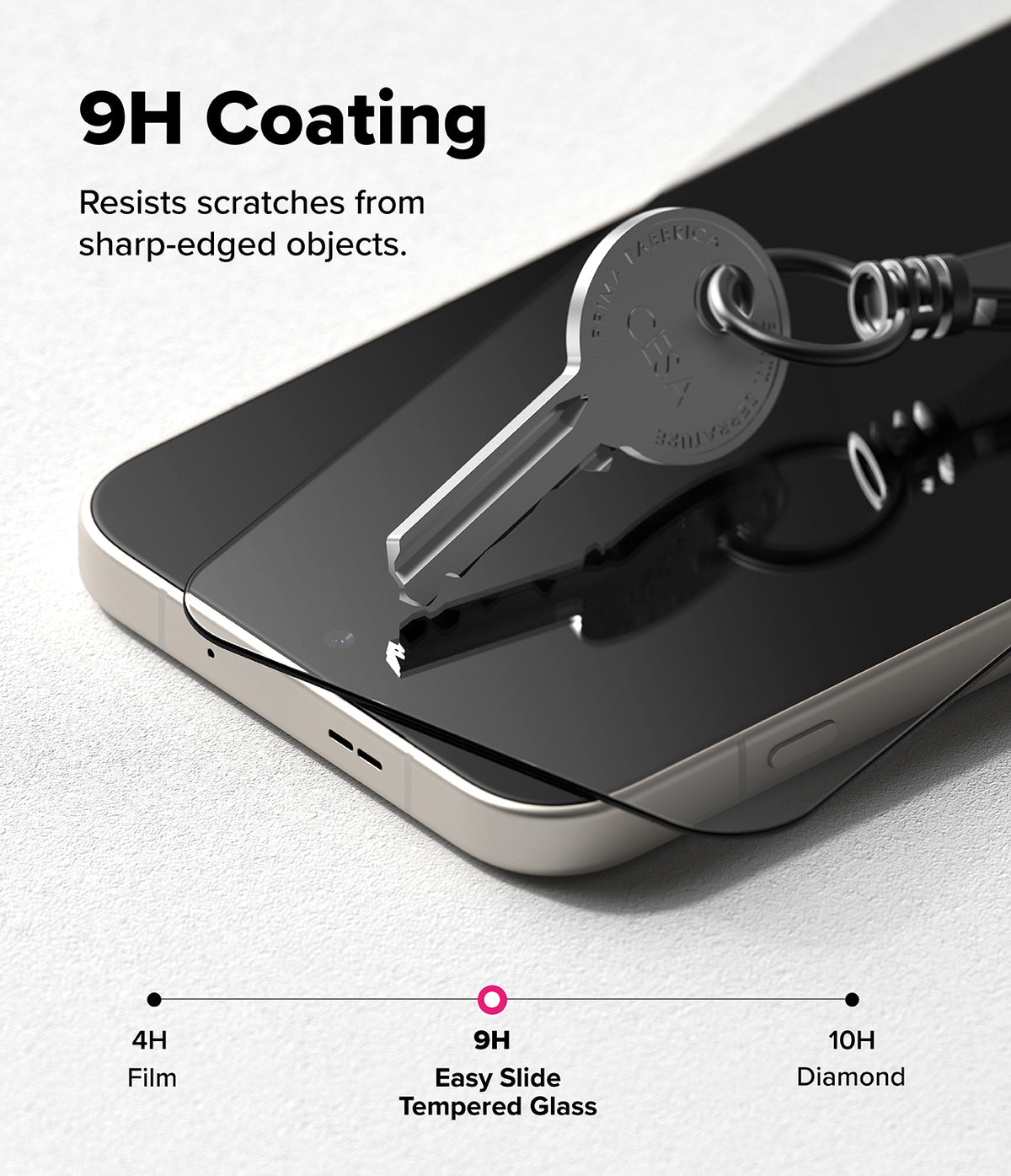 OnePlus 15 Screen Protector | Easy Slide Tempered Glass (2P) - OnePlus 15 Screen Protector - A metal key resting on a smartphone screen, demonstrating 9H scratch-resistant glass coating.