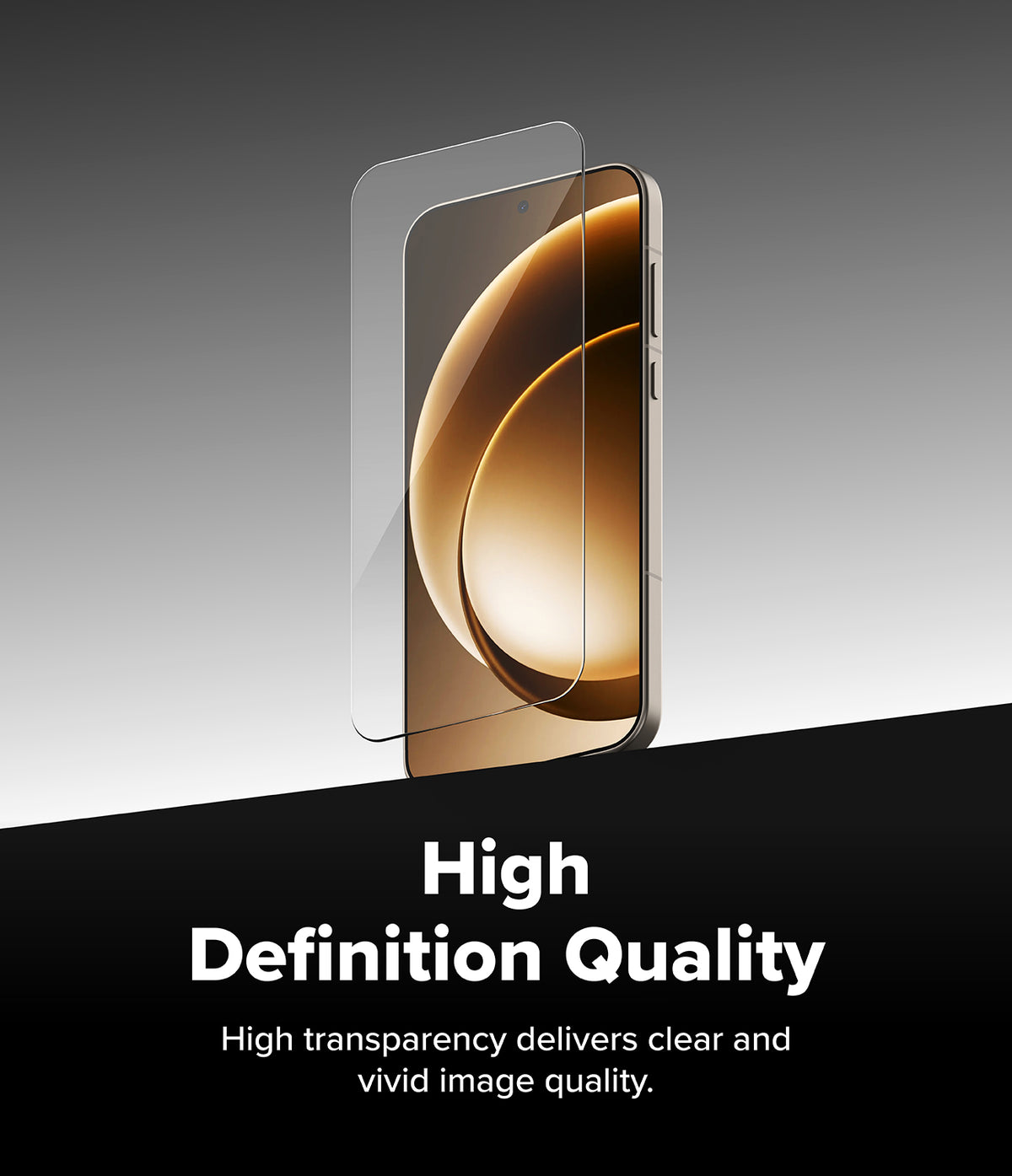 OnePlus 15 Screen Protector | Easy Slide Tempered Glass (2P) - OnePlus 15 Screen Protector - A clear tempered glass sheet hovering above a smartphone screen displaying a golden abstract graphic.