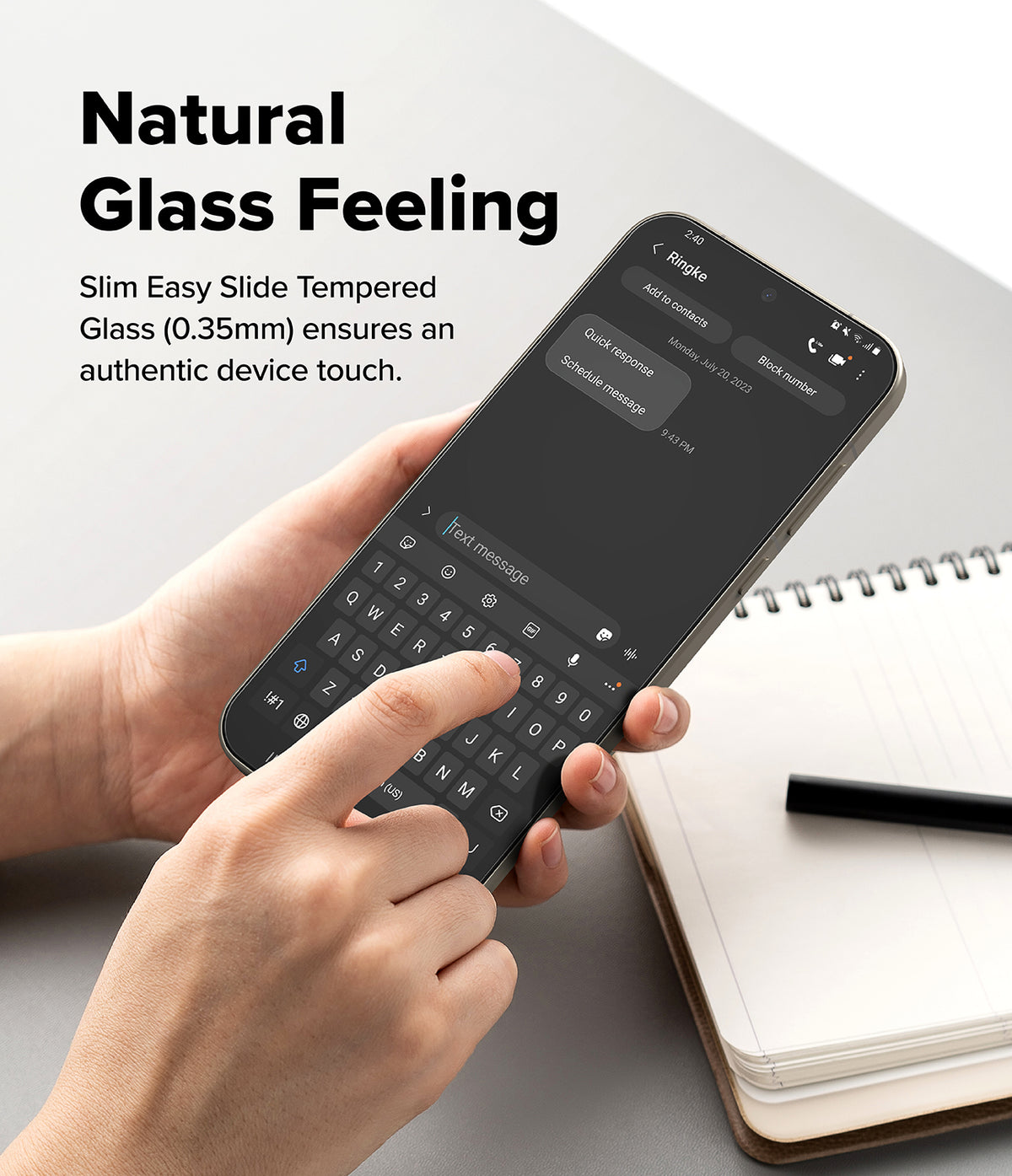 OnePlus 15 Screen Protector | Easy Slide Tempered Glass (2P) - OnePlus 15 Screen Protector - Hands holding a phone with a tempered glass screen protector while typing on the keyboard.