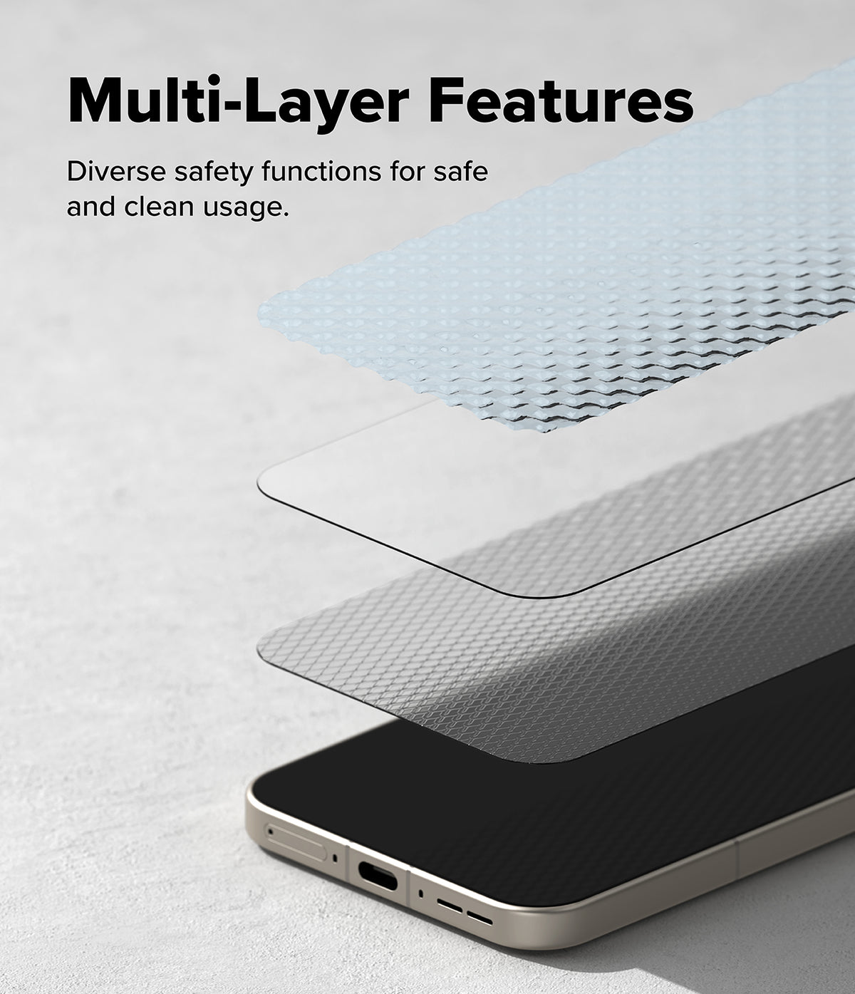 OnePlus 15 Screen Protector | Easy Slide Tempered Glass (2P) - OnePlus 15 Screen Protector - Exploded view showing multi-layer screen protector components above a smartphone.