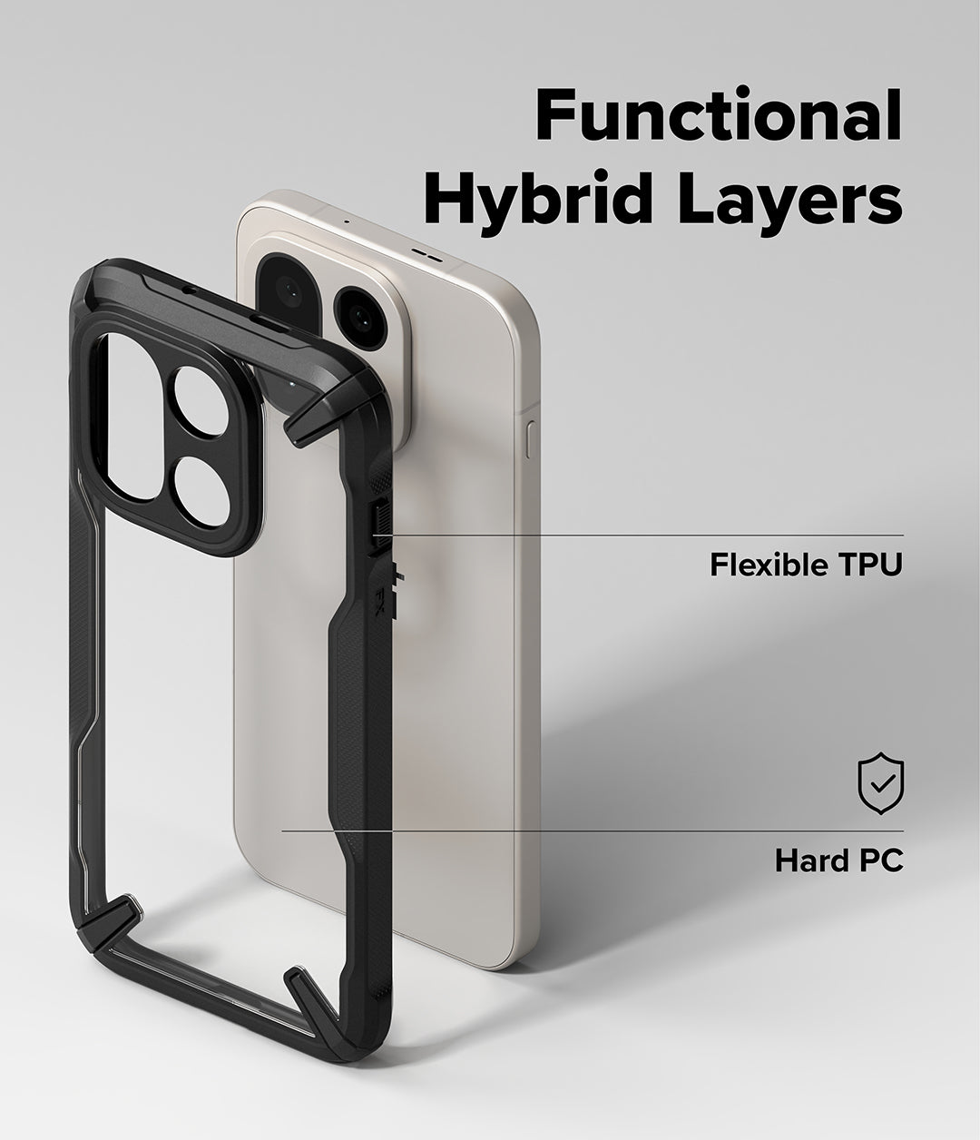 OnePlus 15 Case | Fusion-X - Exploded view of a phone case showing flexible TPU and hard PC layers against a smartphone.