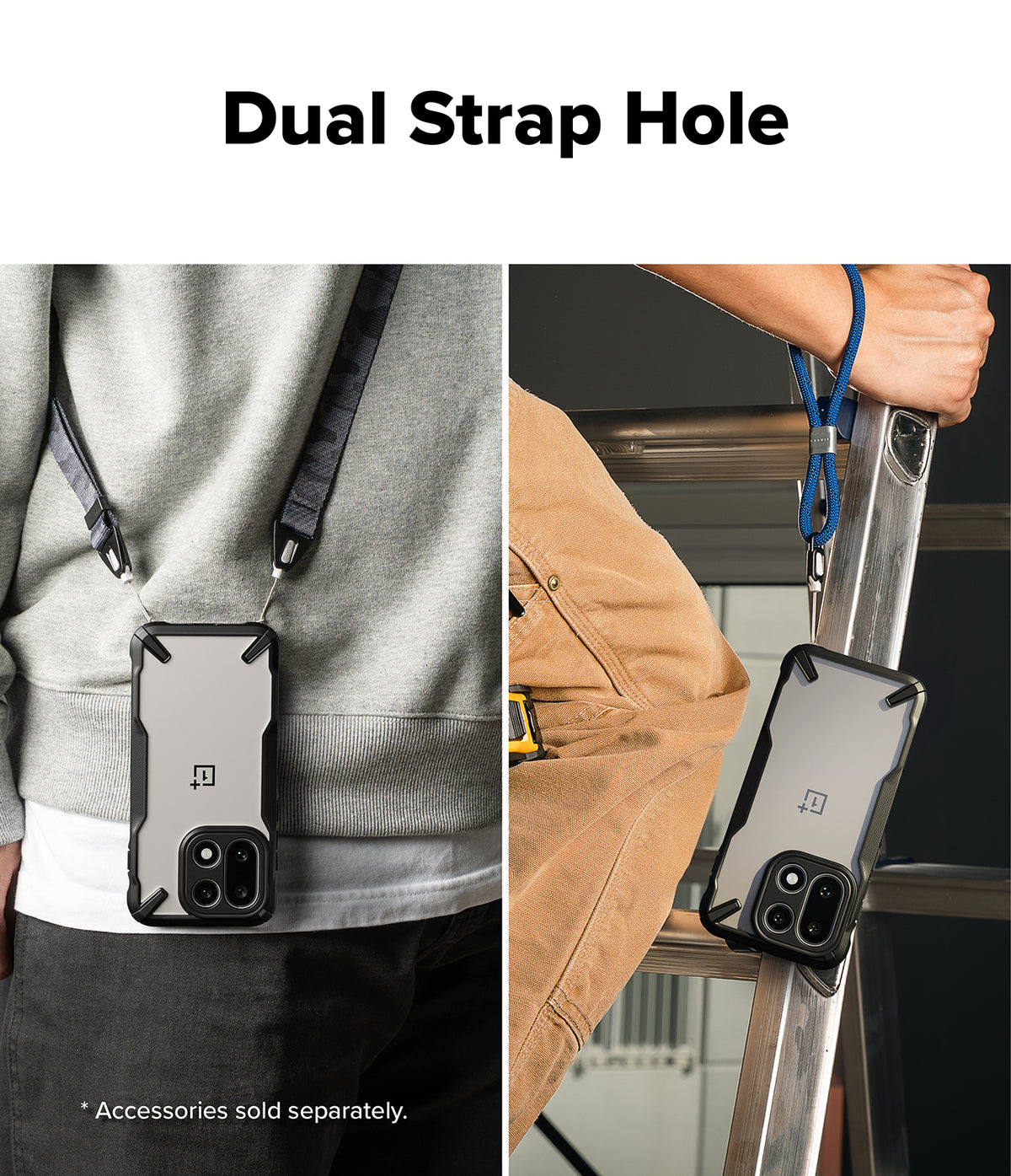 OnePlus 15 Case | Fusion-X - Two views showing a phone case with dual strap holes attached to neck and wrist lanyards.