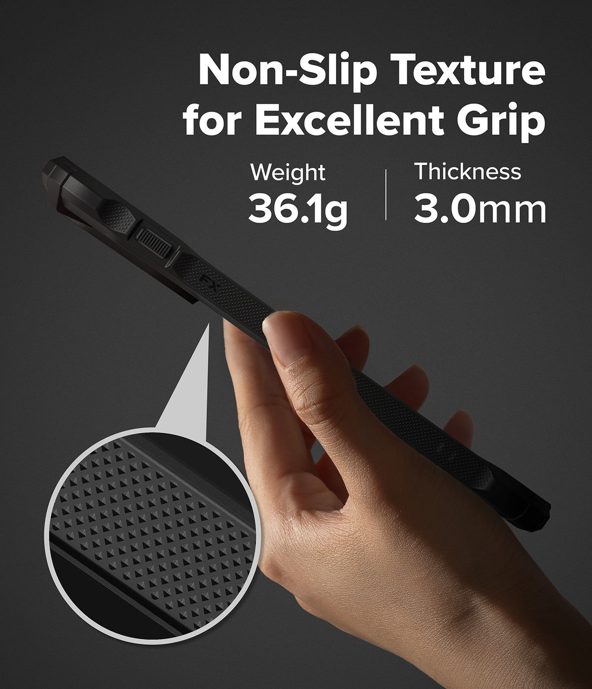 OnePlus 15 Case | Fusion-X - Hand holding a black phone case with a textured grip, highlighting 36.1g weight and 3.0mm thickness.