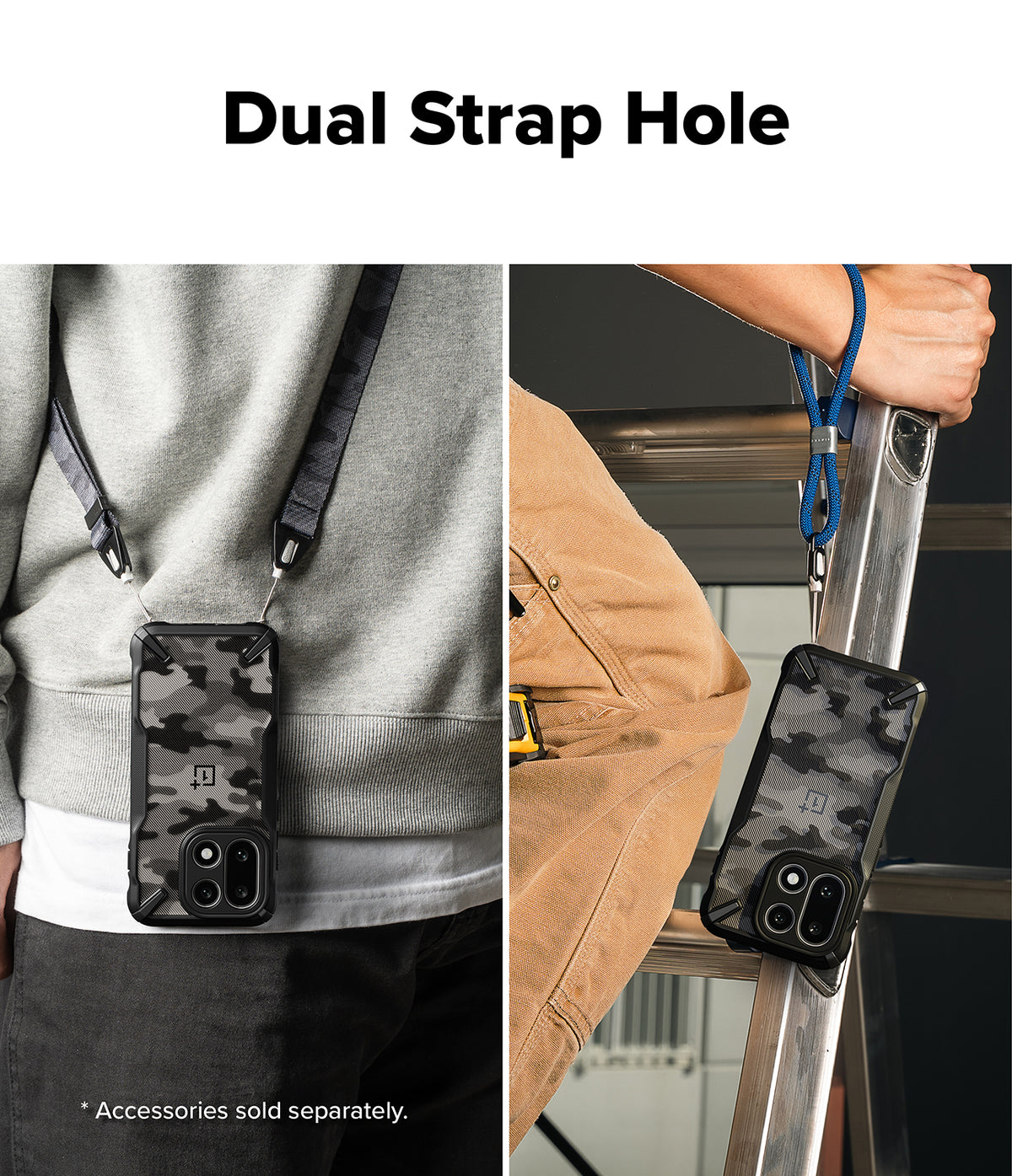 OnePlus 15 Case | Fusion-X - Camouflage phone case with dual strap holes attached to a neck lanyard and a wrist strap.