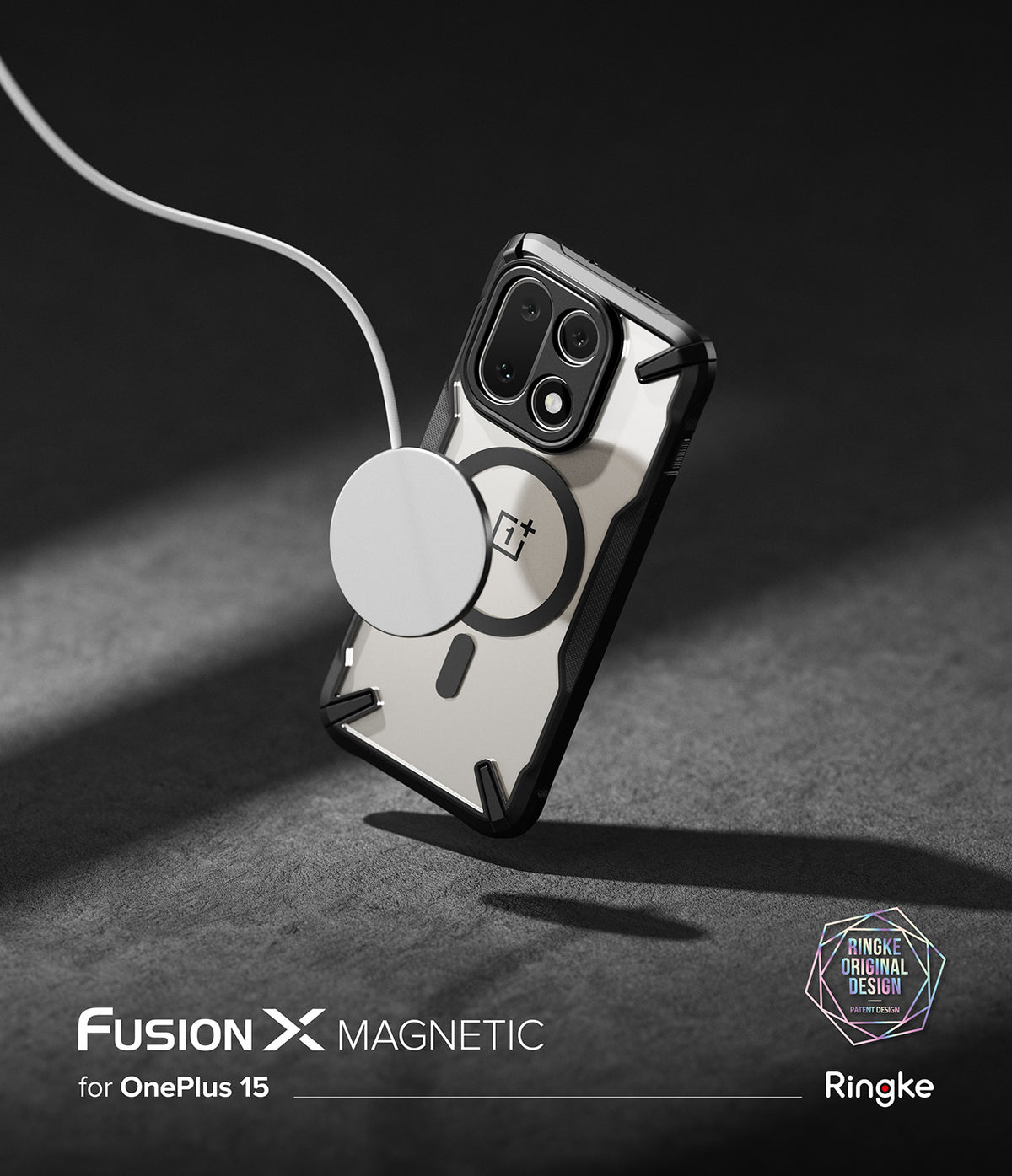OnePlus 15 Case | Fusion-X Magnetic - Clear protective phone case with black frame attached to a magnetic charger.
