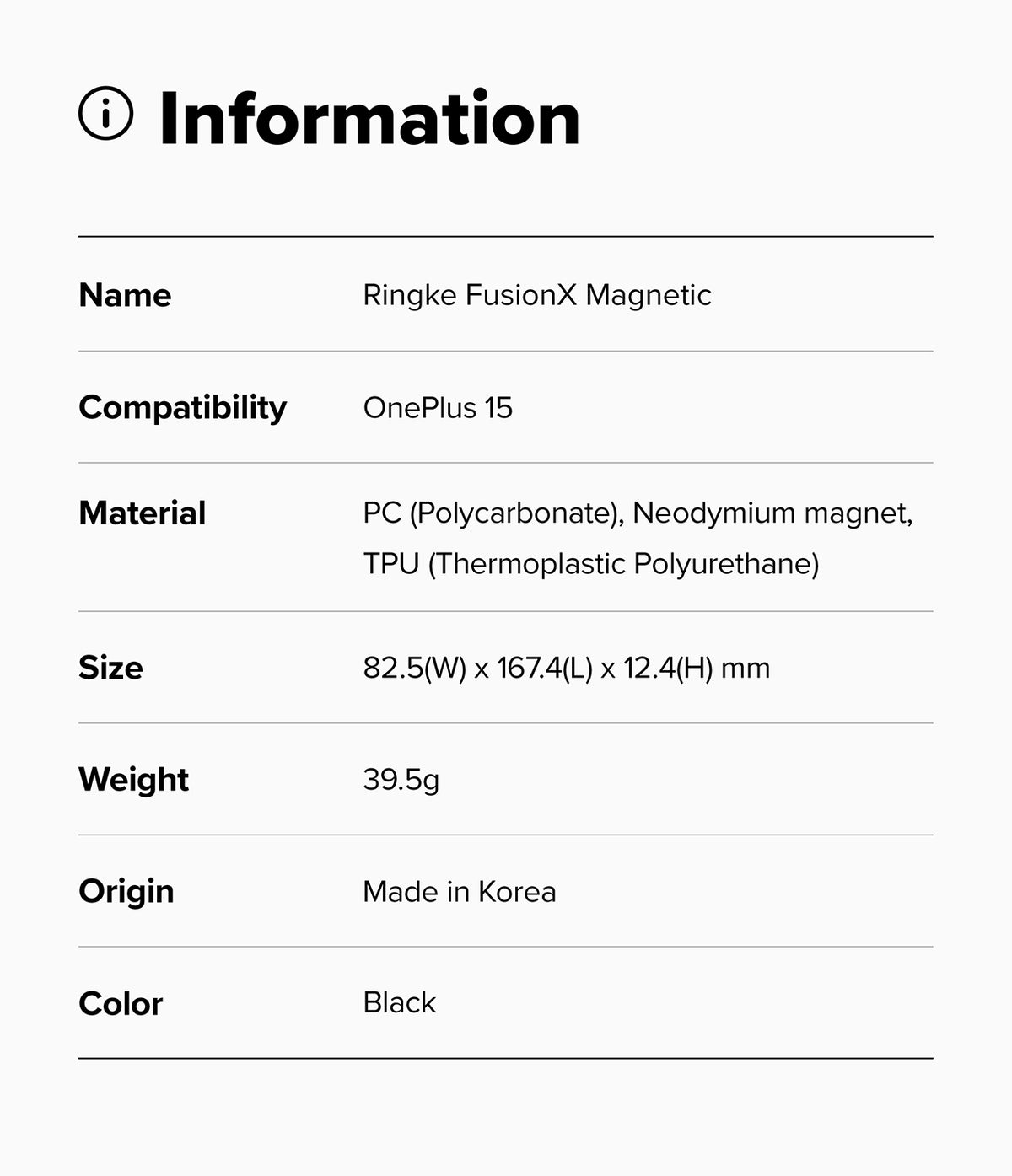 OnePlus 15 Case | Fusion-X Magnetic - Information table listing product name, compatibility, material, size, weight, origin, and color.