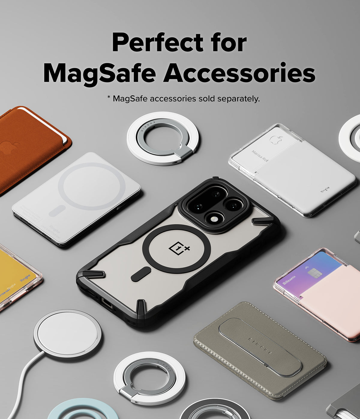 OnePlus 15 Case | Fusion-X Magnetic - OnePlus 15 Fusion-X case surrounded by various MagSafe-compatible accessories.