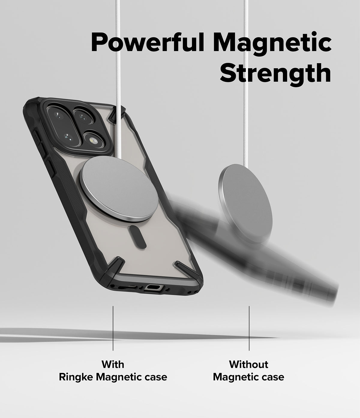 OnePlus 15 Case | Fusion-X Magnetic - A magnetic disc sticks to a phone case while falling off a phone without one.