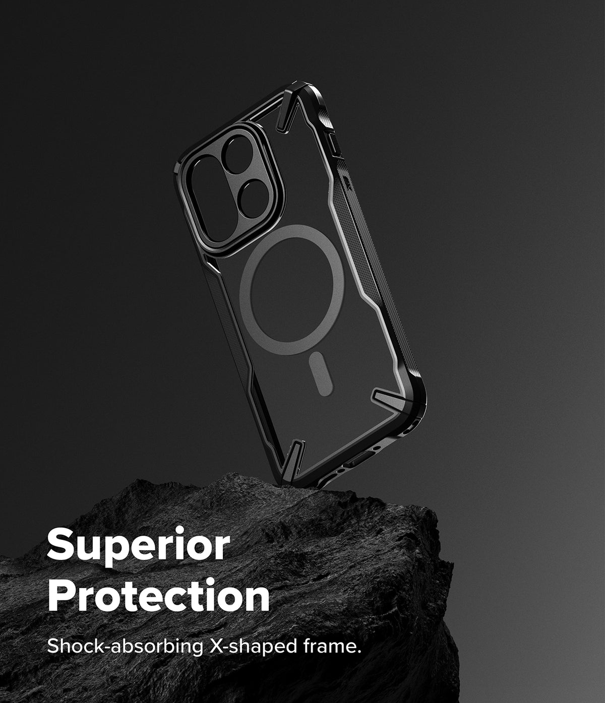 OnePlus 15 Case | Fusion-X Magnetic - Black protective phone case with magnetic ring, floating above a dark rock.