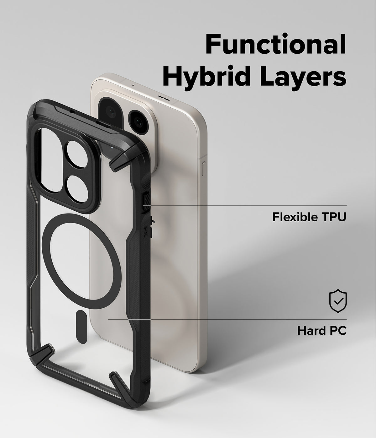 OnePlus 15 Case | Fusion-X Magnetic - Exploded view of a phone case showing flexible TPU edges and a hard PC back panel.
