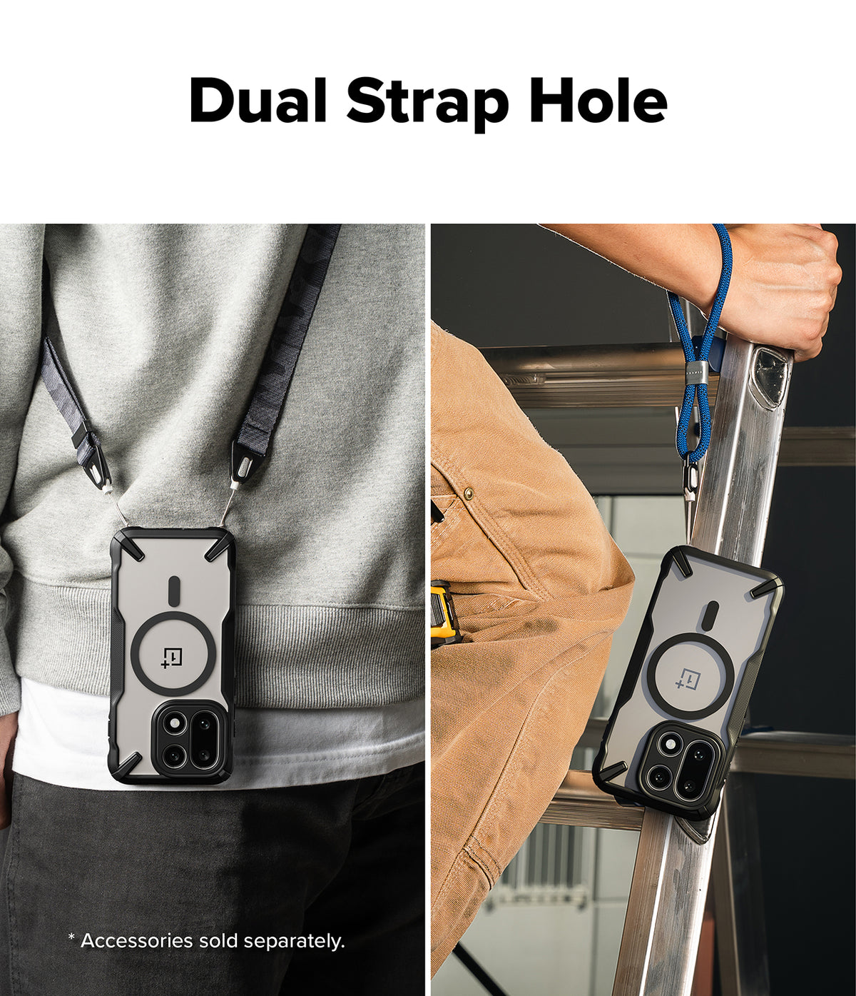 OnePlus 15 Case | Fusion-X Magnetic - Two views of a phone case with dual strap holes attached to neck and wrist lanyards.