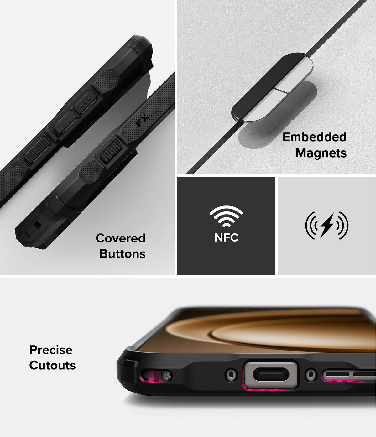 OnePlus 15 Case | Fusion-X Magnetic - Features showing textured buttons, embedded magnets, NFC, wireless charging, and precise port cutouts.