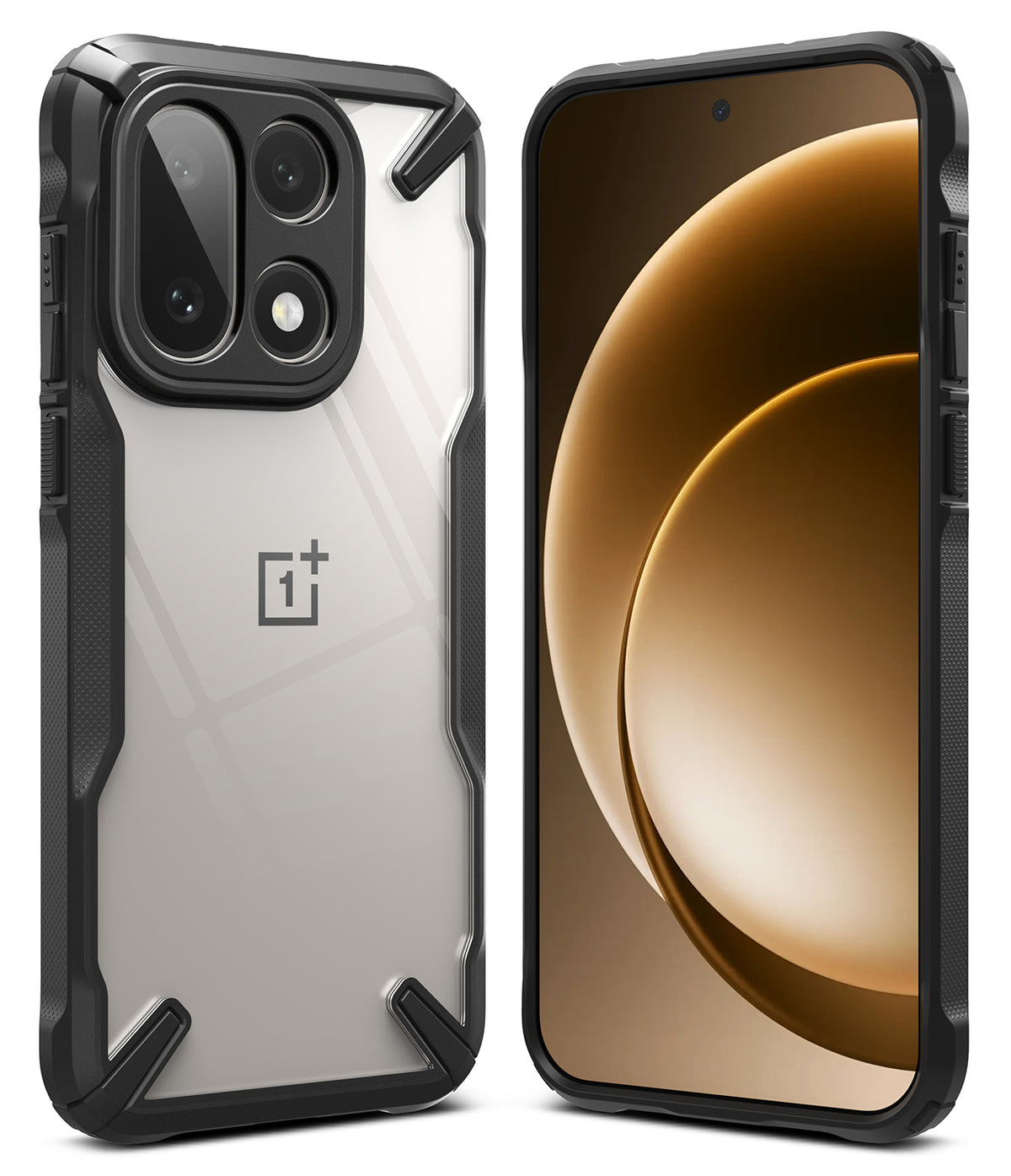 OnePlus 15 Case | Fusion-X - Rugged clear protective case with black reinforced corners shown from front and back angles.