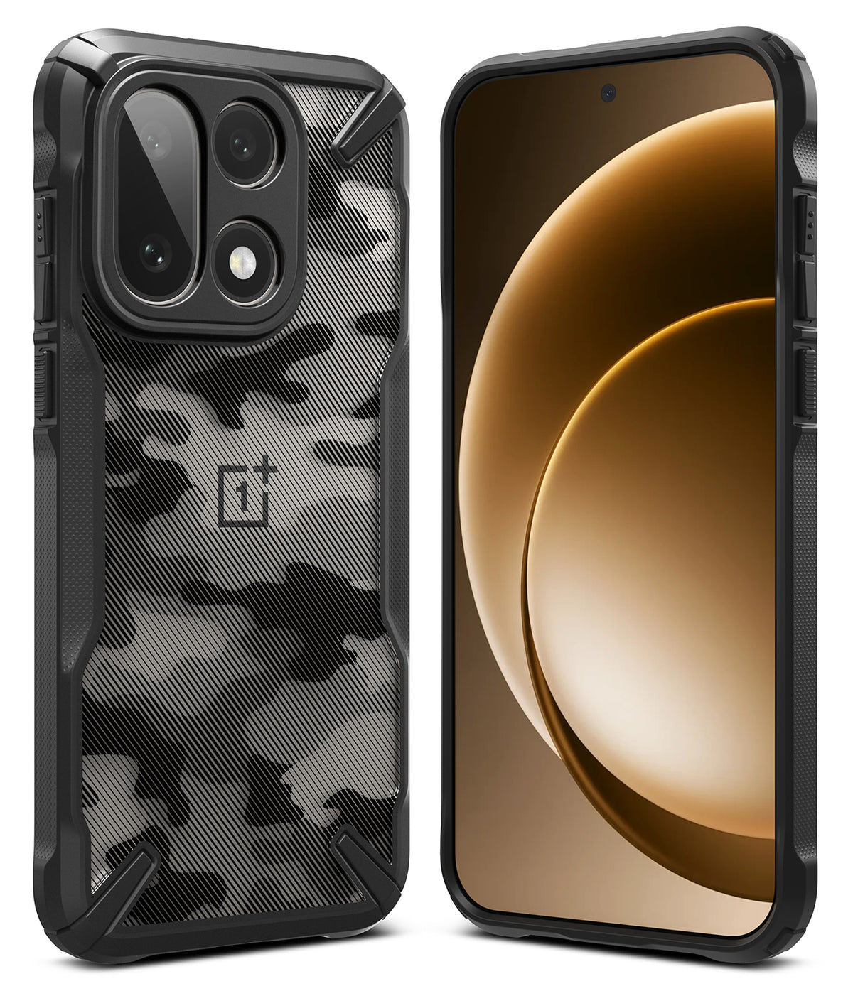 OnePlus 15 Case | Fusion-X - Black camouflage Fusion-X phone case for OnePlus 15 shown from back and front angles.