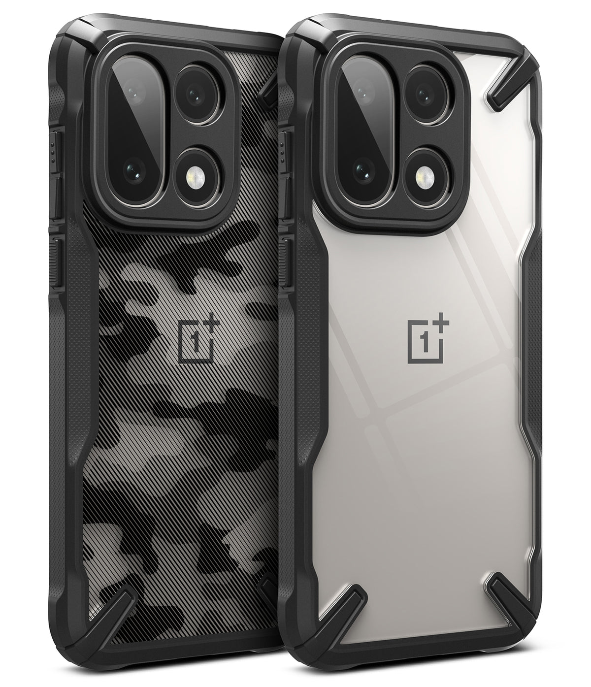 OnePlus 15 Case | Fusion-X - Two rugged phone cases with black bumpers, one with a camo pattern and one clear back.
