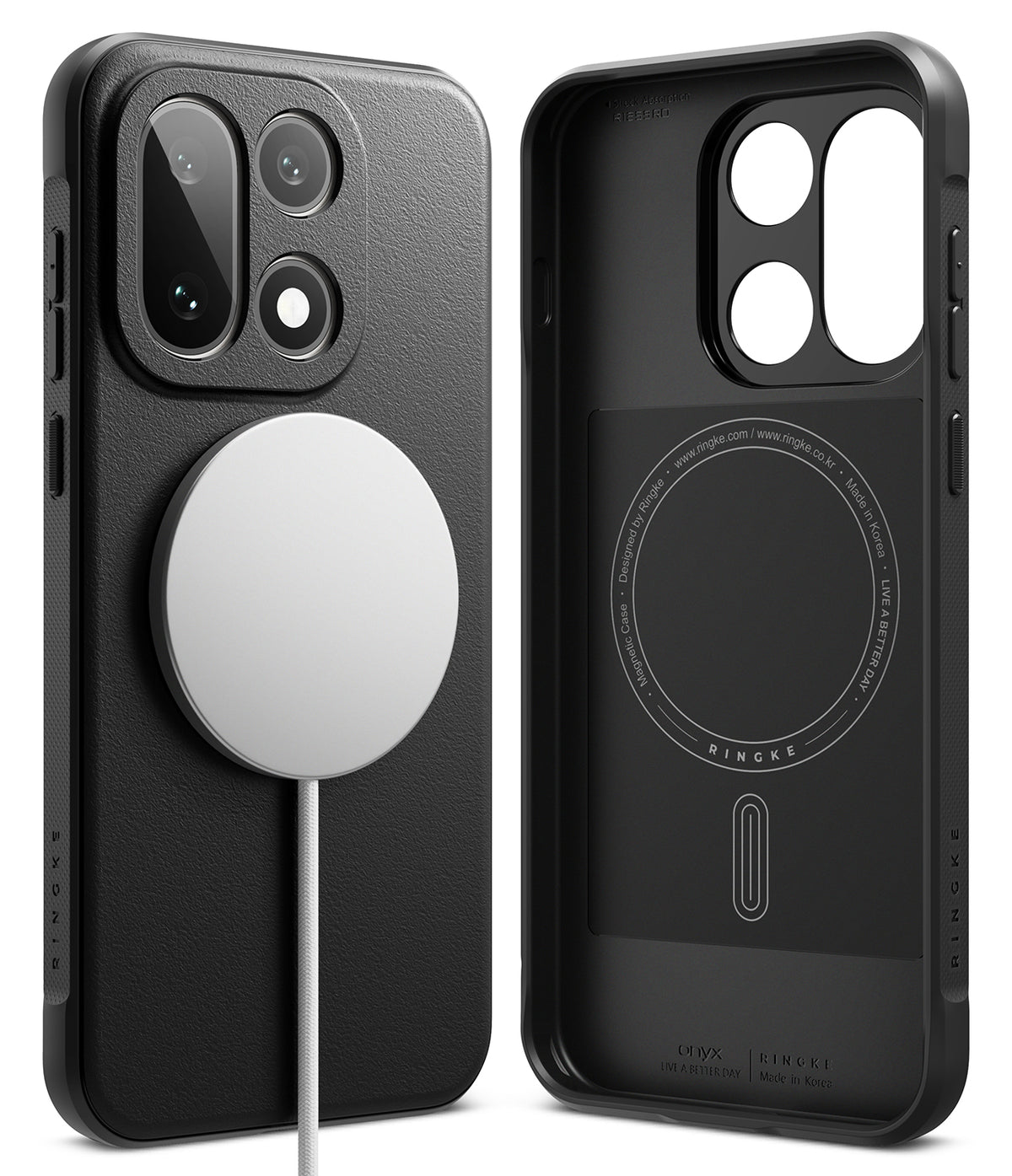 OnePlus 15 Case | Onyx Magnetic - Black textured phone case with a magnetic charger attached and interior ring detail.