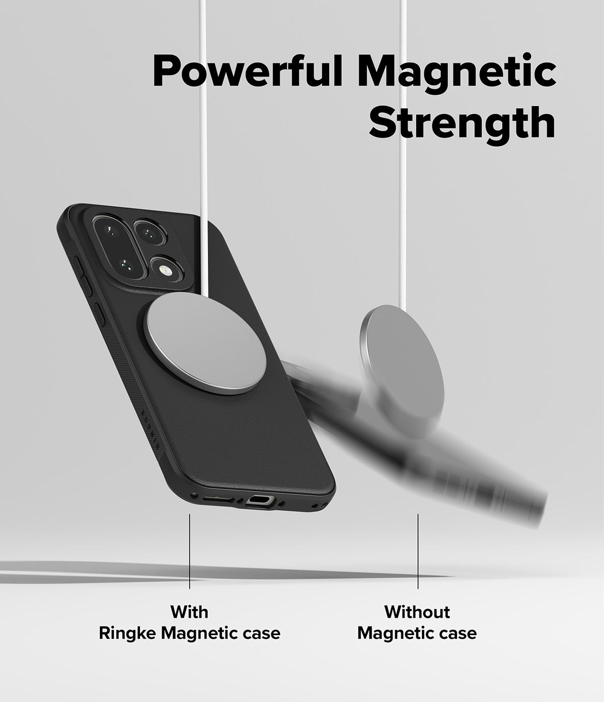 OnePlus 15 Case | Onyx Magnetic - A magnetic disc holds a phone in a black case while another falls without a case.