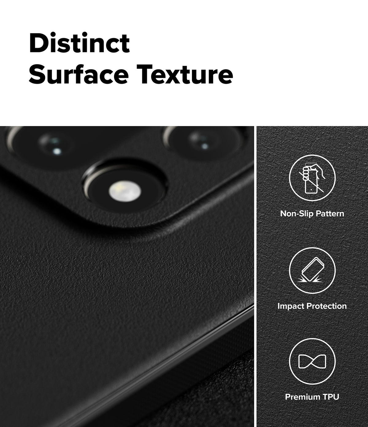 OnePlus 15 Case | Onyx Magnetic - Close-up of black textured phone case with icons for non-slip, impact protection, and premium TPU.