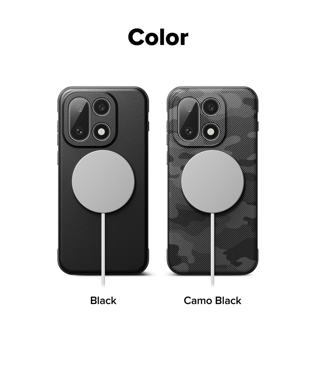 OnePlus 15 Case | Onyx Magnetic - Two OnePlus 15 cases in Black and Camo Black, each with a magnetic charger attached.