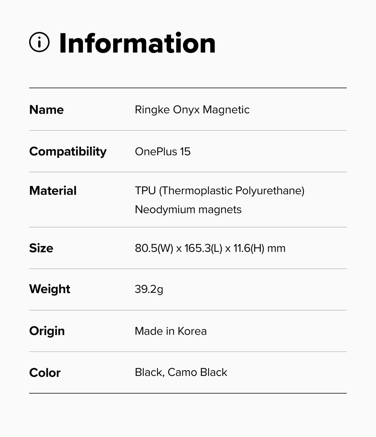 OnePlus 15 Case | Onyx Magnetic - Information table listing product name, compatibility, material, size, weight, origin, and color.