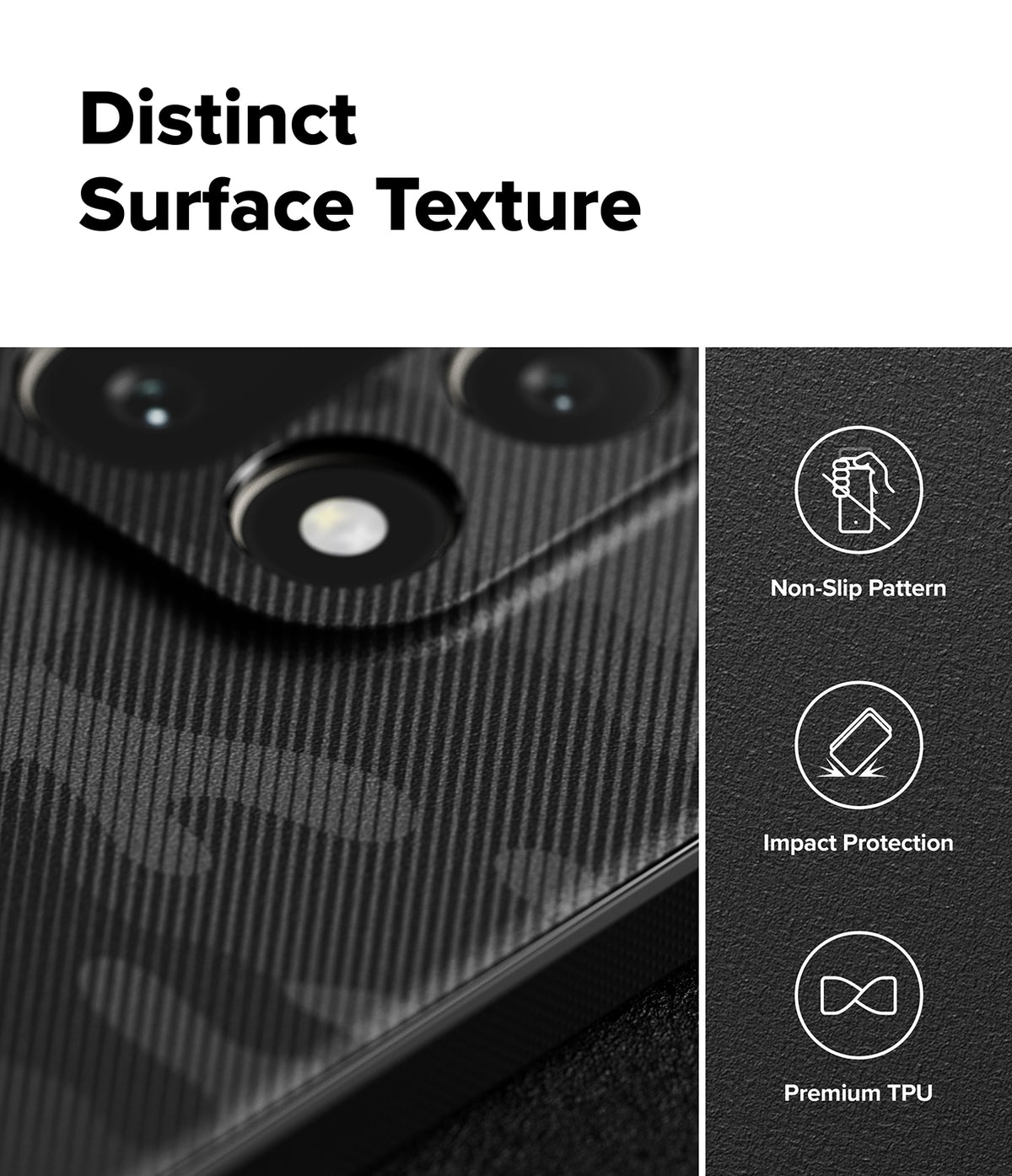 OnePlus 15 Case | Onyx Magnetic - Close-up of textured phone case with icons for non-slip, impact protection, and TPU material.