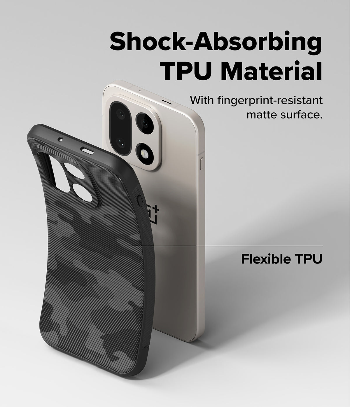 OnePlus 15 Case | Onyx Magnetic - A flexible, black camouflage-patterned TPU phone case next to a light-colored smartphone.