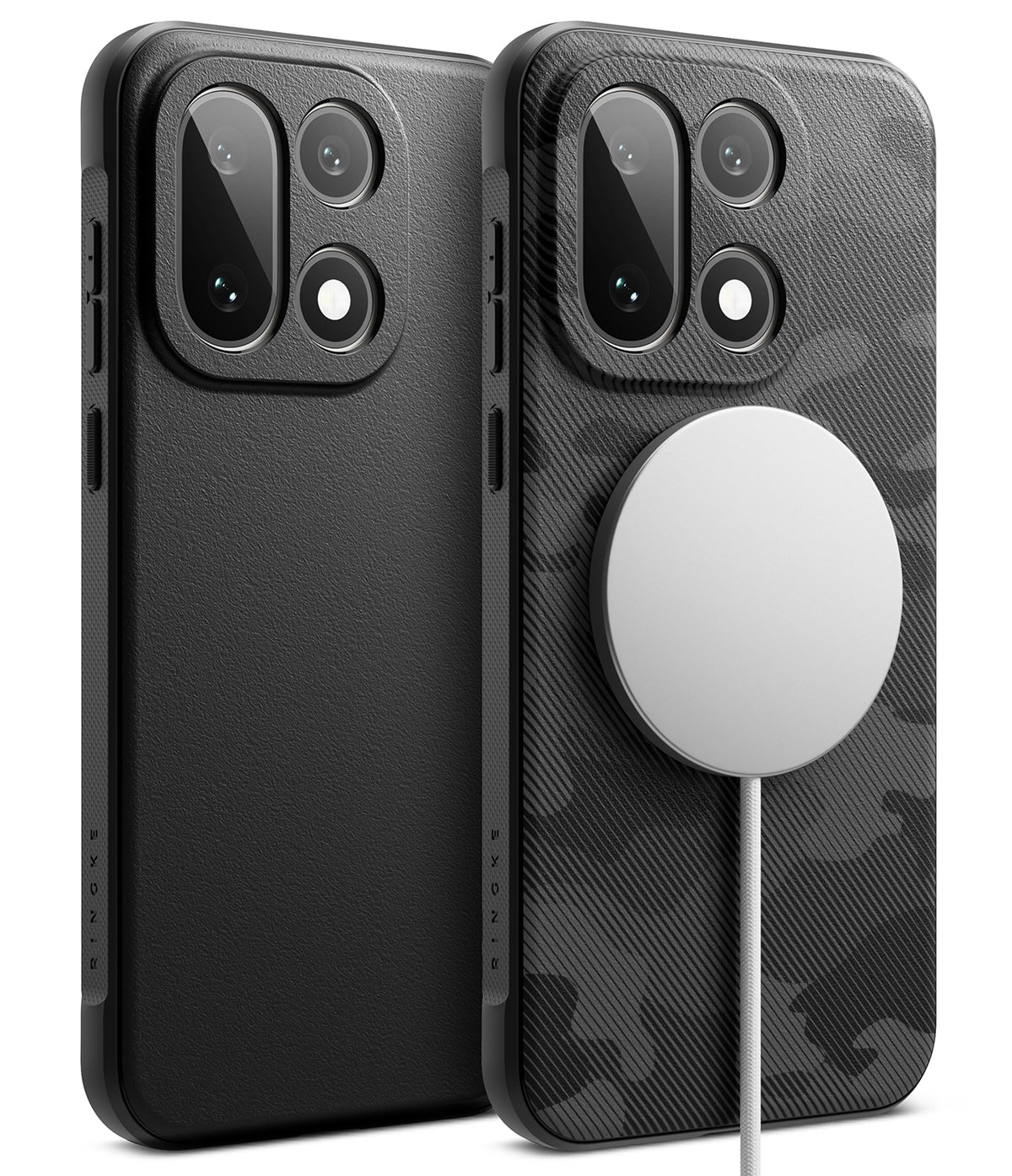 OnePlus 15 Case | Onyx Magnetic - Two black OnePlus 15 cases, one plain and one with a magnetic charger and camo pattern.