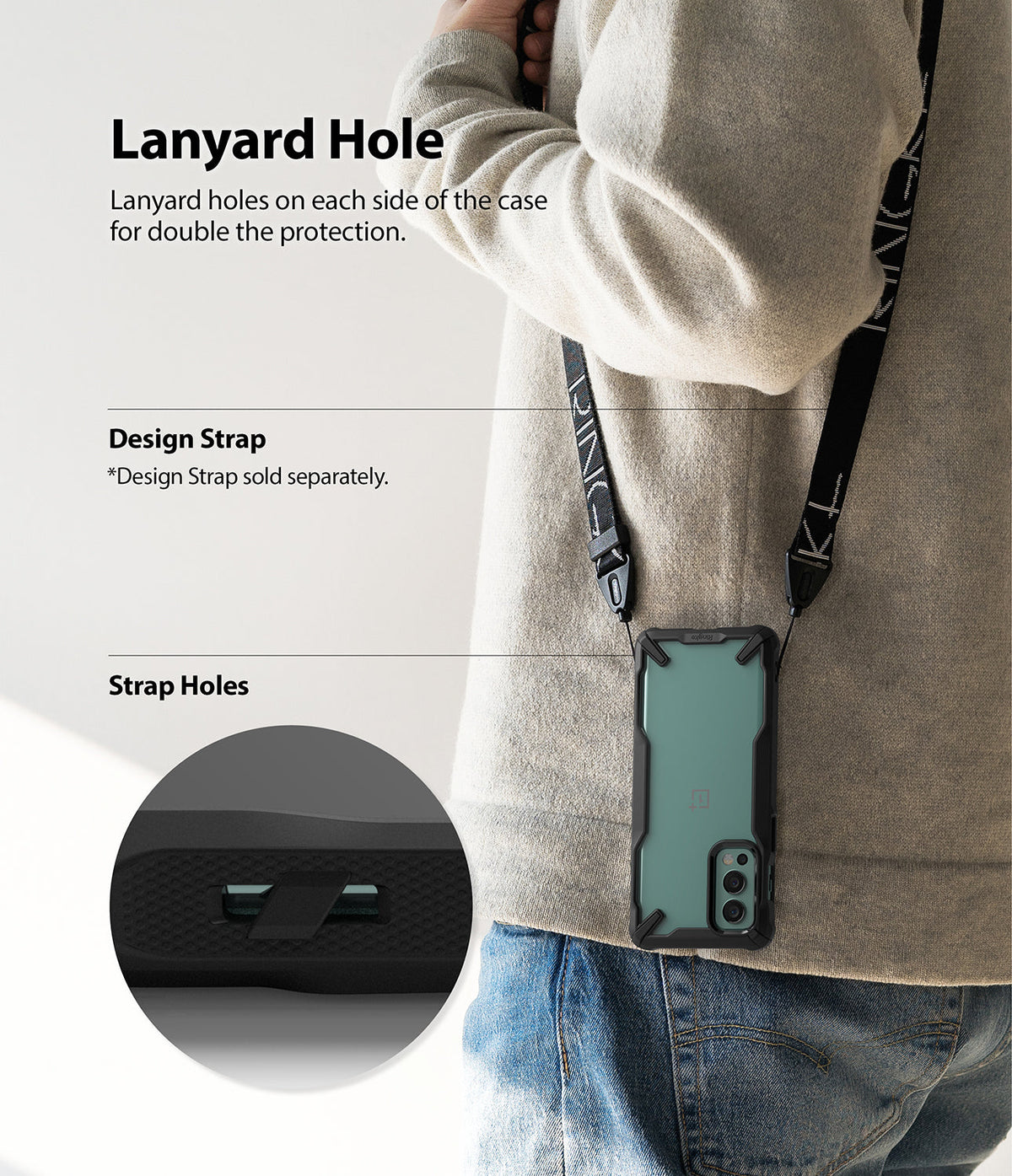 OnePlus Nord 2 Case | Fusion-X - Phone in protective case worn with a lanyard, showing strap attachment points.