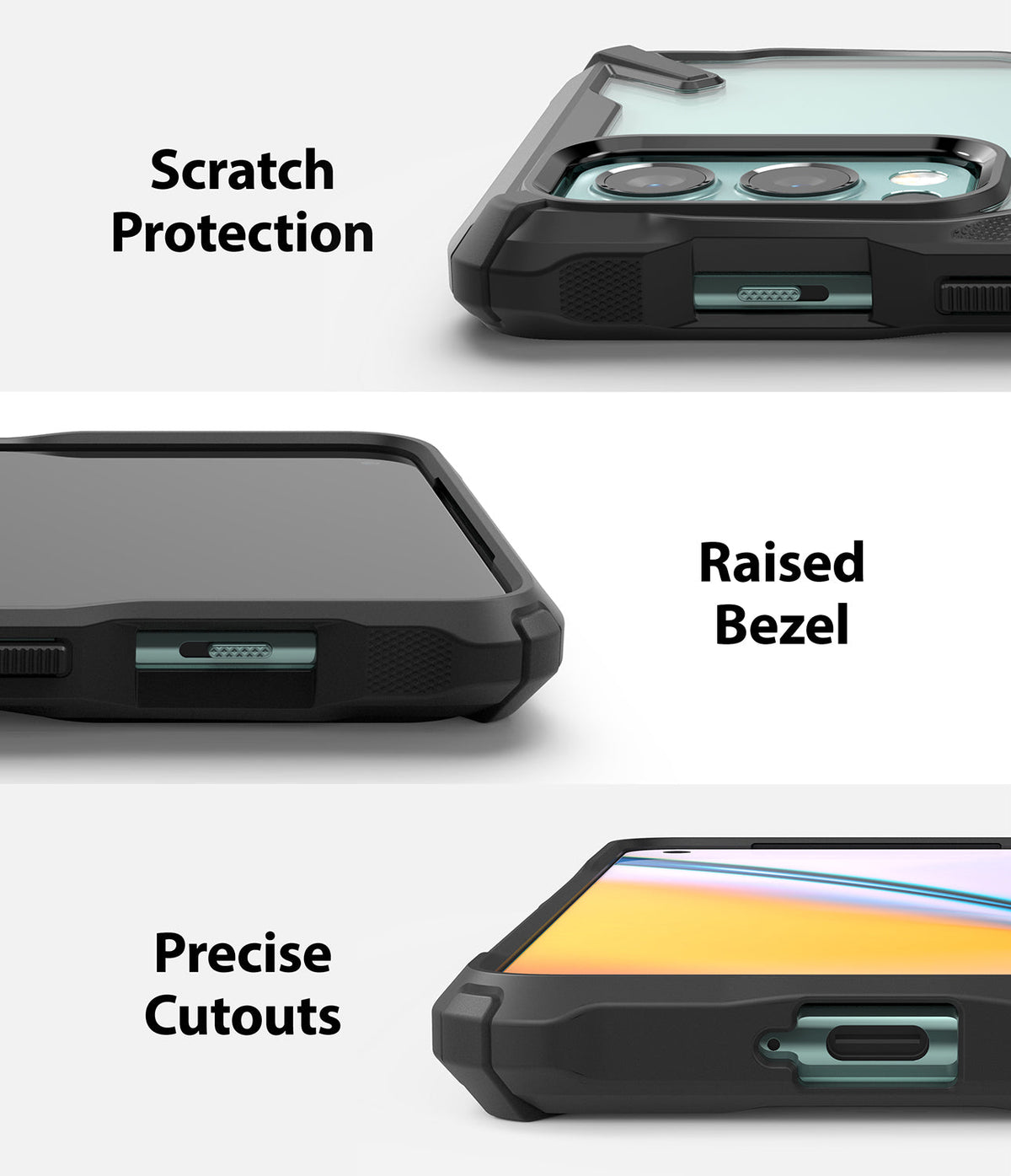 OnePlus Nord 2 Case | Fusion-X - Close-ups showing scratch protection, raised bezels, and precise port cutouts on a phone case.
