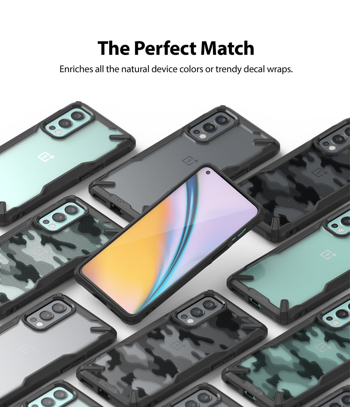 OnePlus Nord 2 Case | Fusion-X - Multiple OnePlus Nord 2 phones in Fusion-X cases with clear, camo, and solid back designs.
