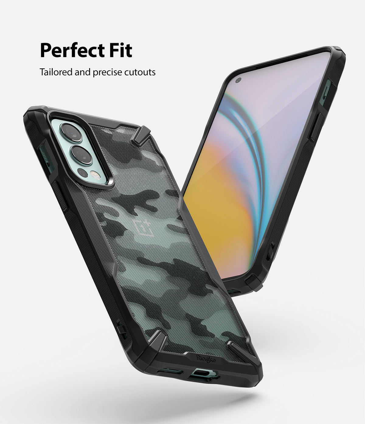 OnePlus Nord 2 Case | Fusion-X - Camouflage patterned phone case with black bumpers shown from front and back angles.