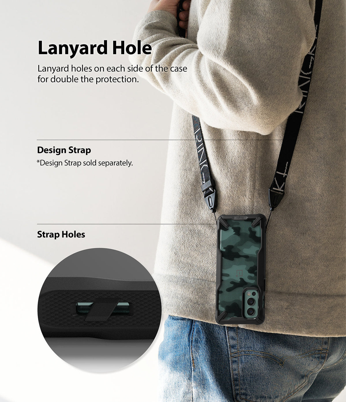 OnePlus Nord 2 Case | Fusion-X - A person wearing a phone case with a lanyard, highlighting the side strap attachment holes.