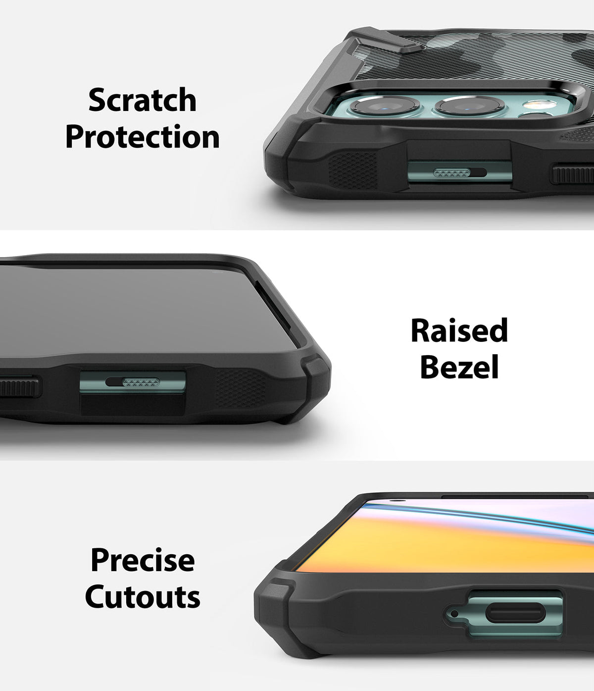 OnePlus Nord 2 Case | Fusion-X - Three close-up views showing scratch protection, raised bezels, and precise port cutouts.