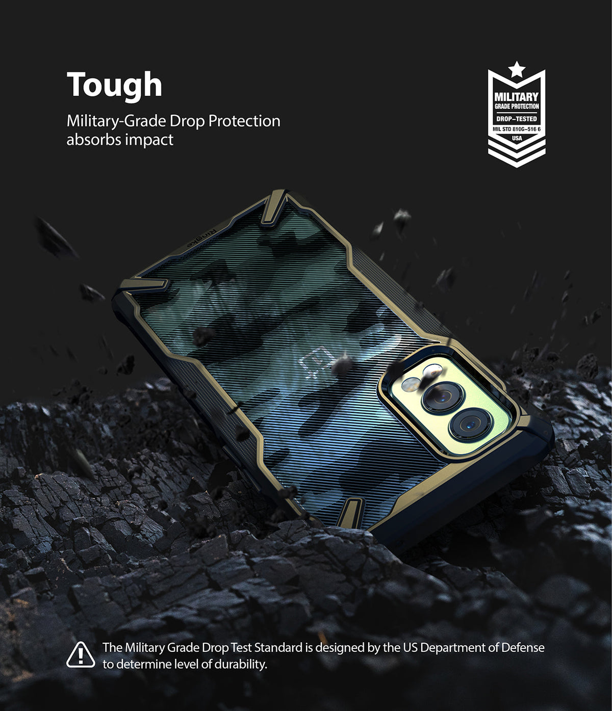 OnePlus Nord 2 Case | Fusion-X - Camouflage phone case on rocky surface with military-grade drop protection badge.