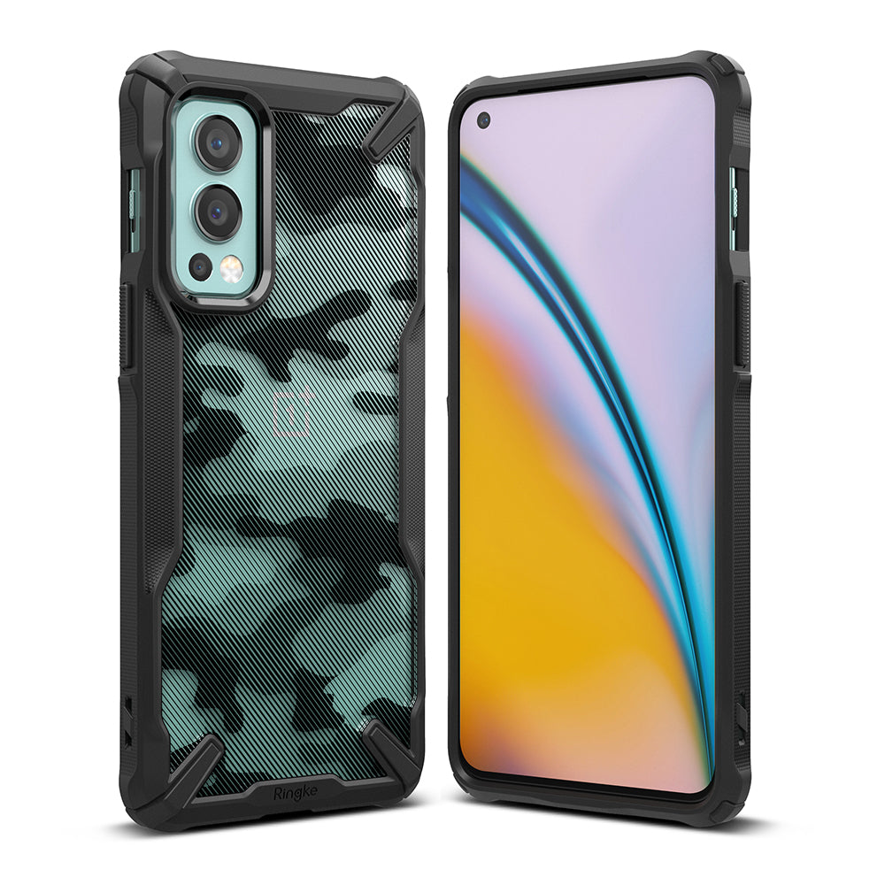 OnePlus Nord 2 Case | Fusion-X - Black rugged phone case with a camo back panel shown from front and rear angles.
