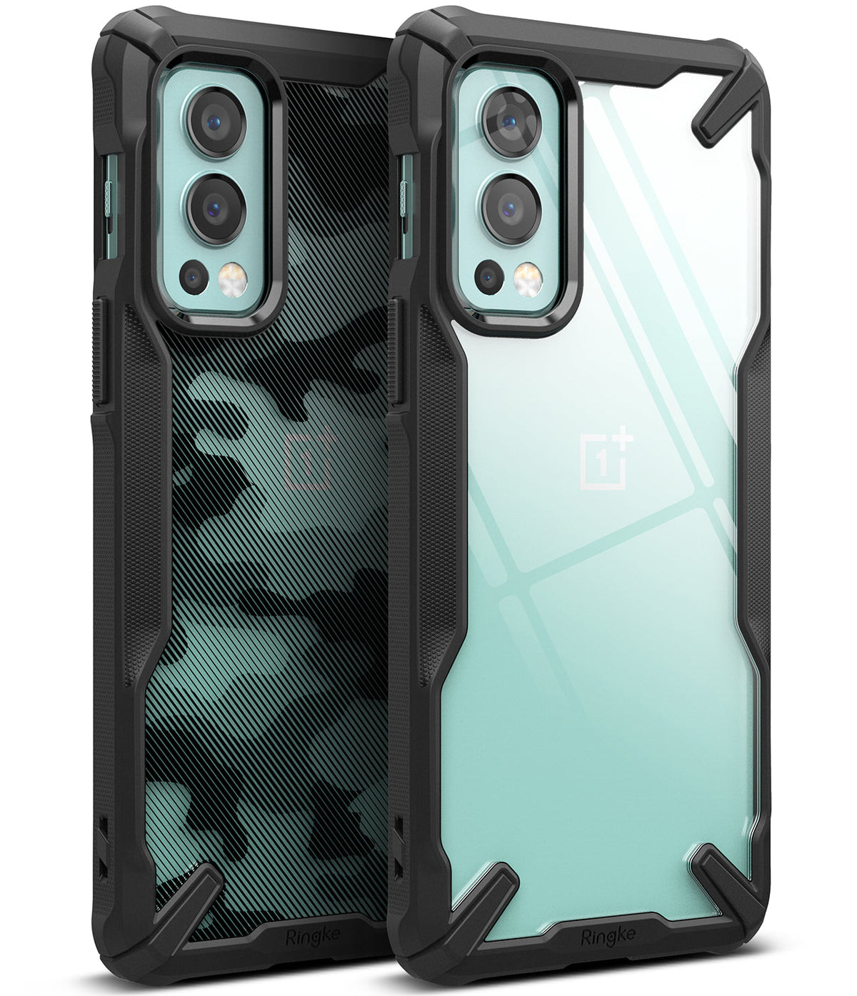 OnePlus Nord 2 Case | Fusion-X - Two rugged phone cases with black bumpers, one with camo pattern and one clear back.