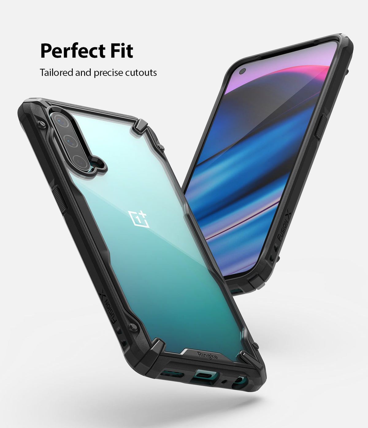 OnePlus Nord CE 5G Case | Fusion-X - A clear-backed protective case with a black bumper frame shown from front and back.