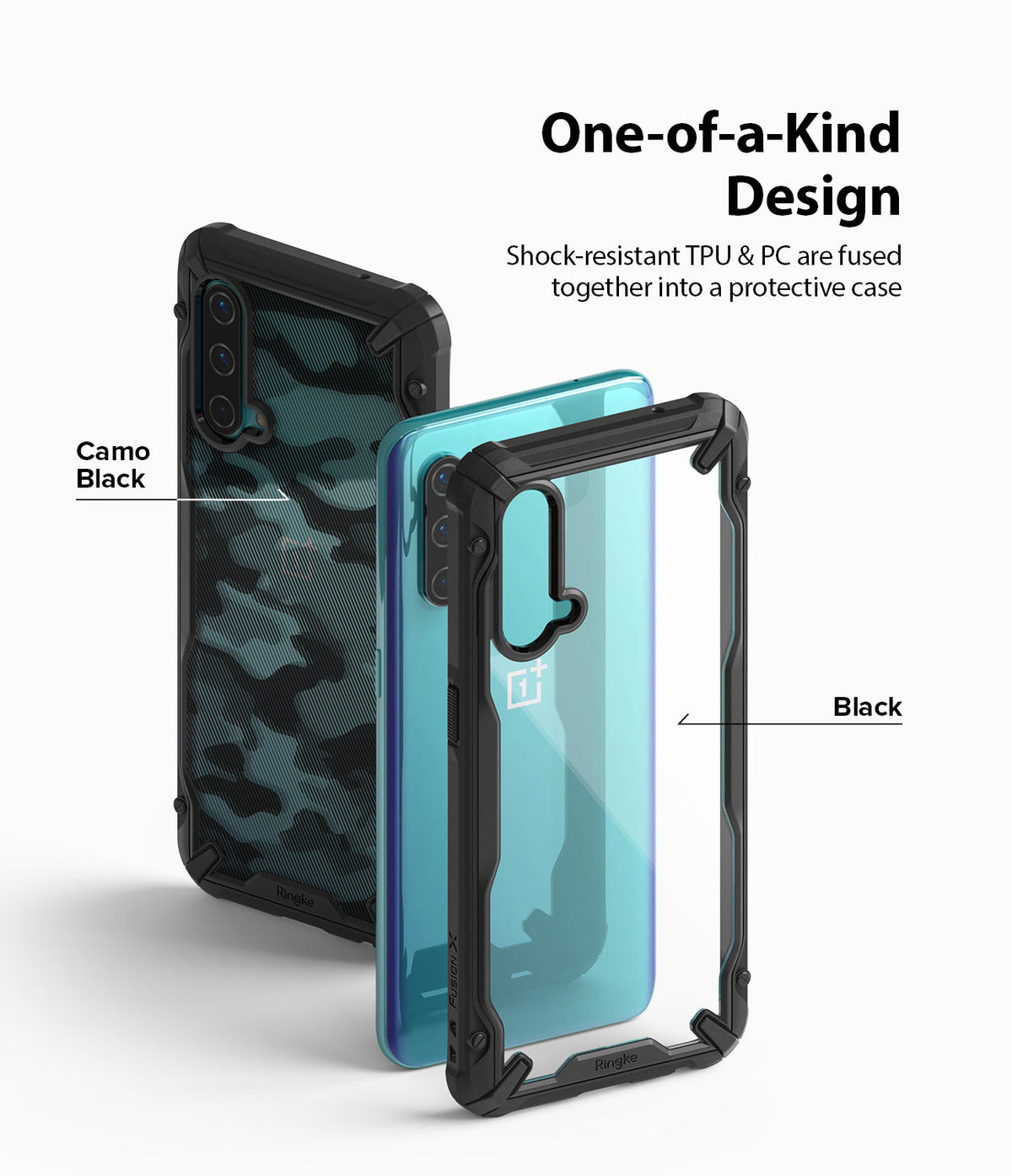 OnePlus Nord CE 5G Case | Fusion-X - Camo Black and clear black protective phone cases shown with a blue smartphone.