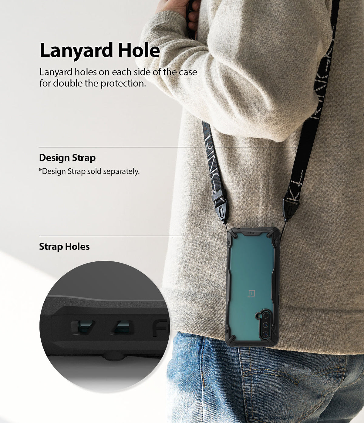 OnePlus Nord CE 5G Case | Fusion-X - A phone in a black protective case hanging from a neck strap with close-up of lanyard holes.