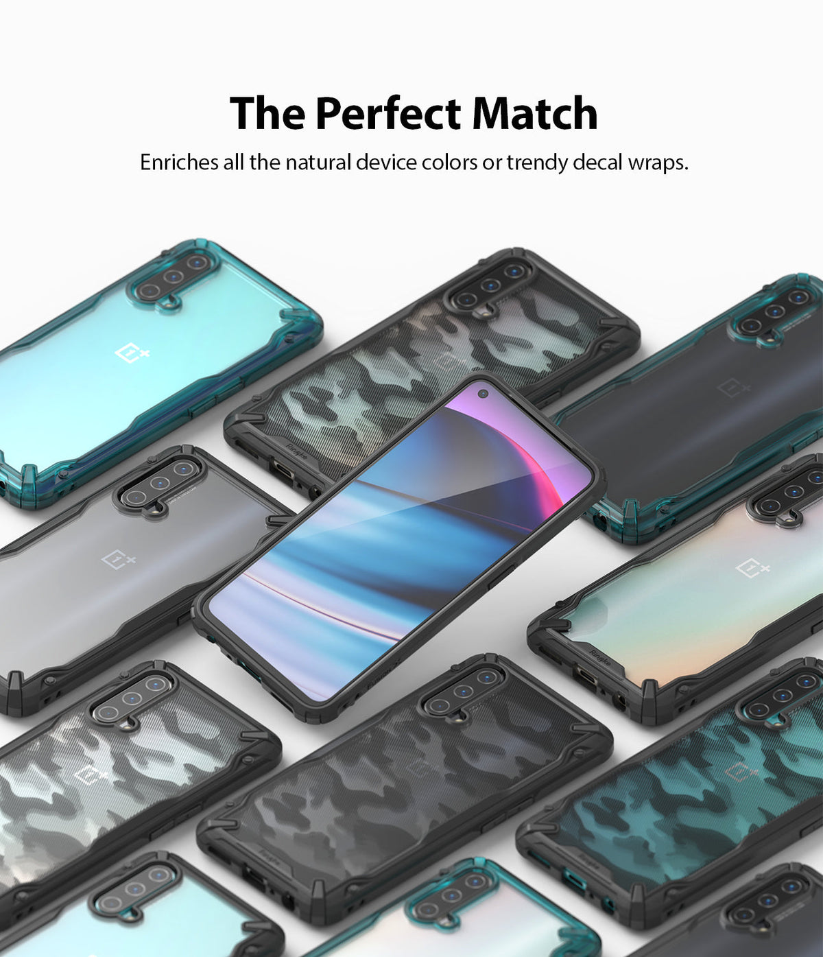 OnePlus Nord CE 5G Case | Fusion-X - Multiple OnePlus Nord CE 5G phones in various colored and camo-patterned Fusion-X cases.