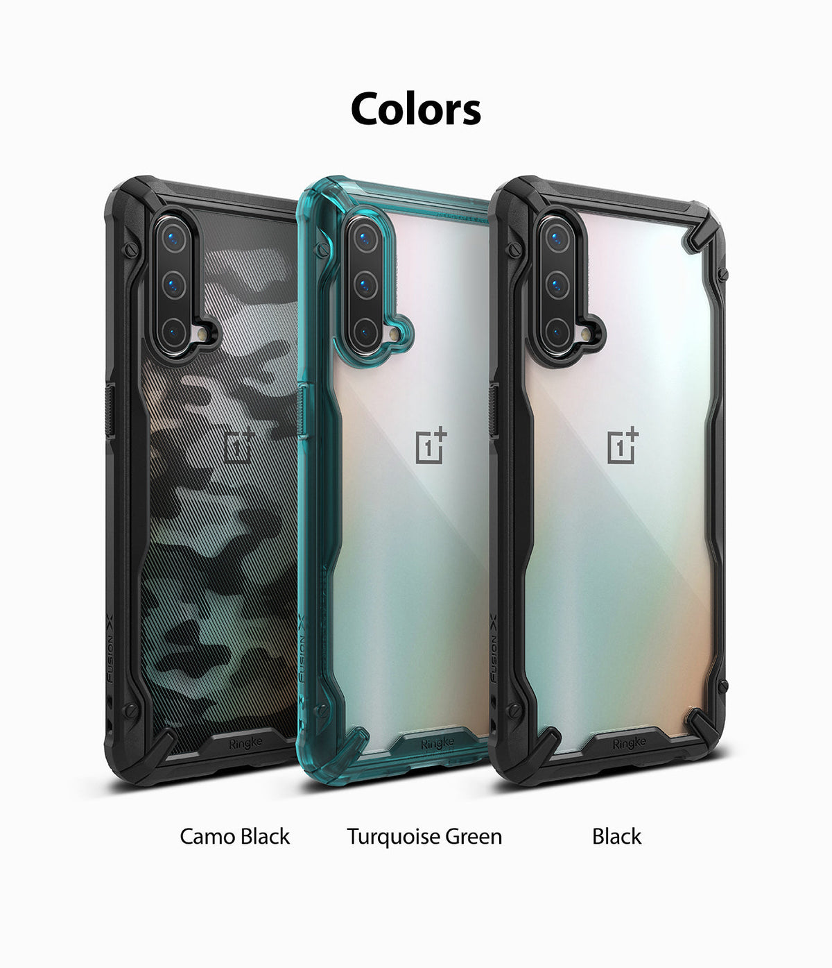 OnePlus Nord CE 5G Case | Fusion-X - Three phone cases in Camo Black, Turquoise Green, and Black displayed side-by-side.