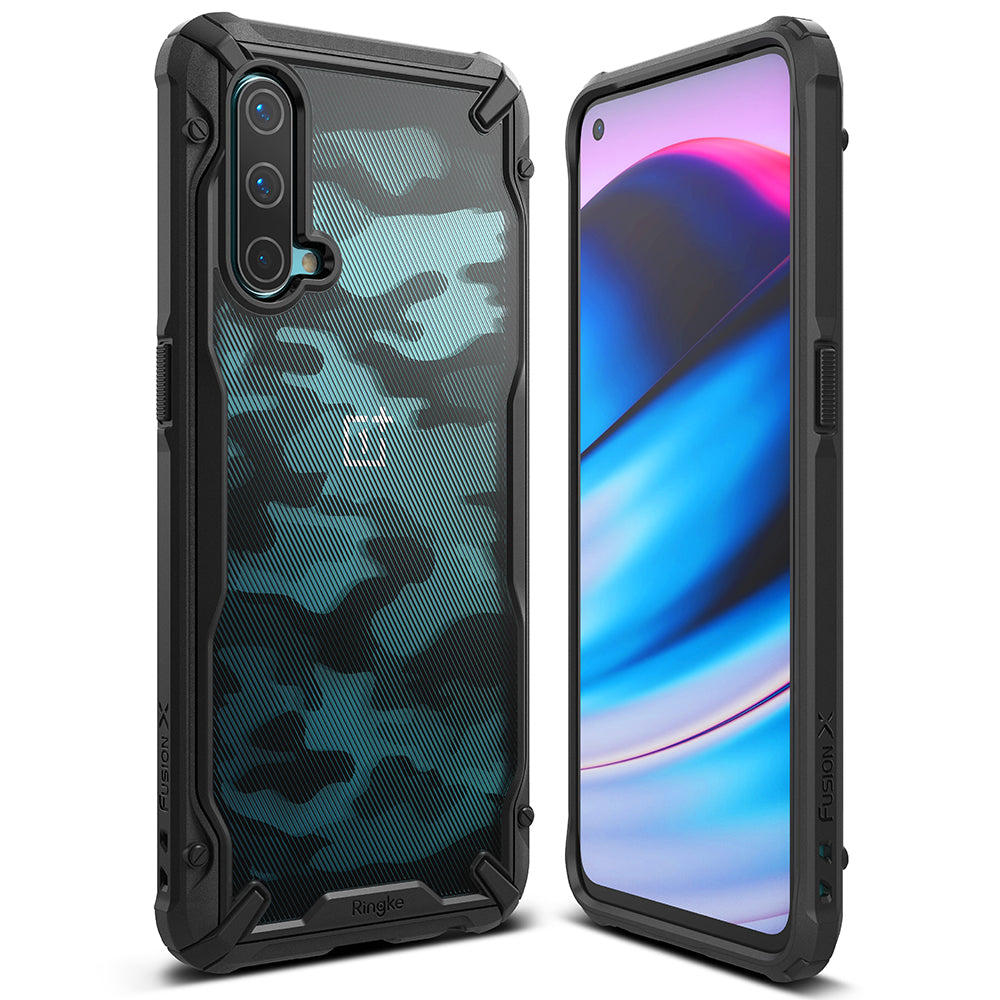 OnePlus Nord CE 5G Case | Fusion-X - Rugged black phone case with camo back and screen view on white background.
