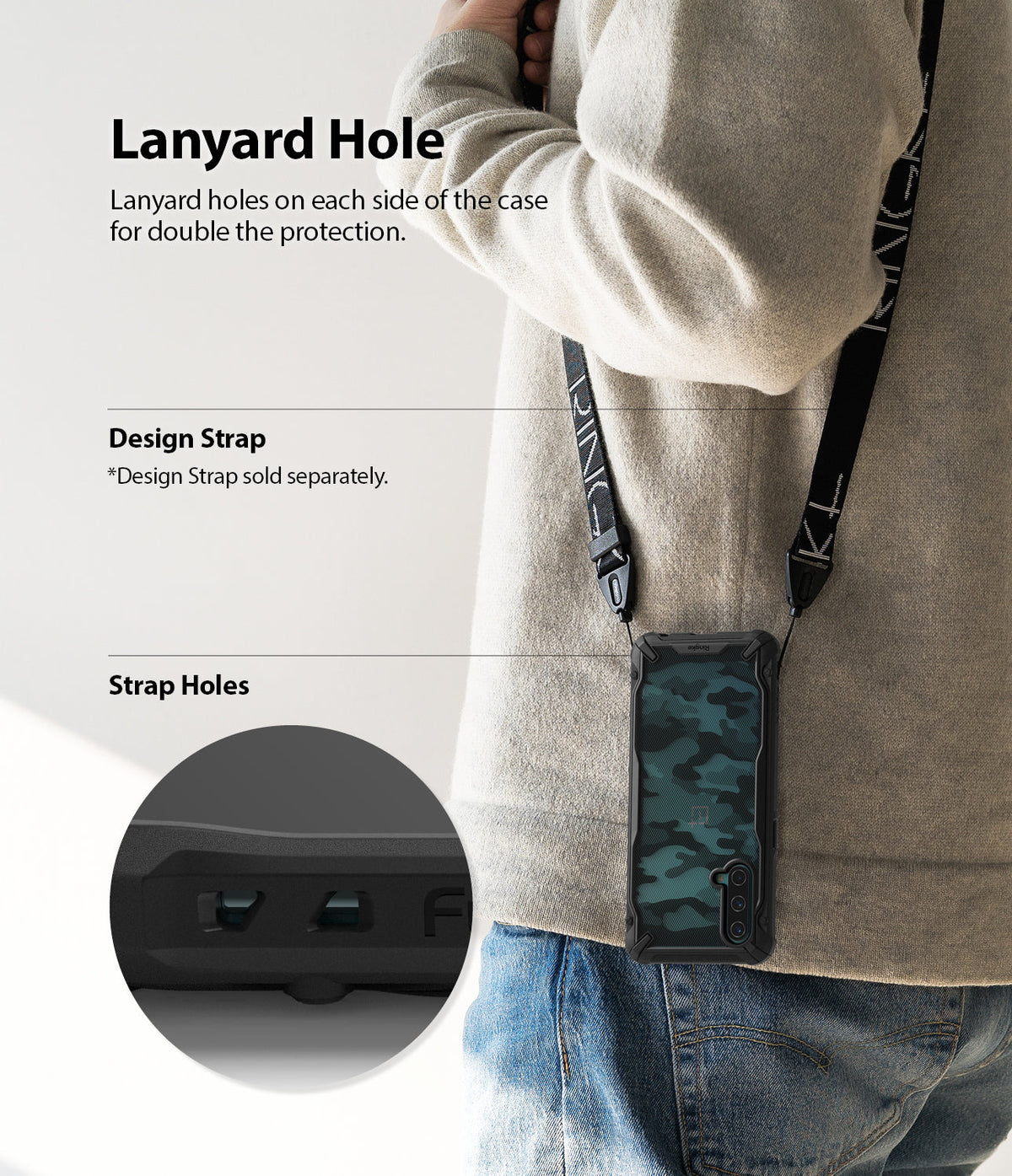 OnePlus Nord CE 5G Case | Fusion-X - Person wearing a phone case with a lanyard, highlighting dual strap holes.