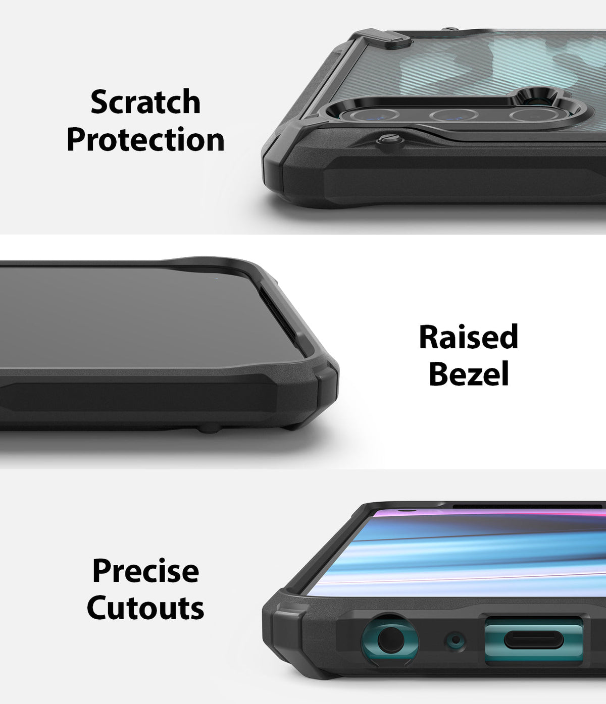 OnePlus Nord CE 5G Case | Fusion-X - Three close-up views showing scratch protection, raised bezels, and precise cutouts.