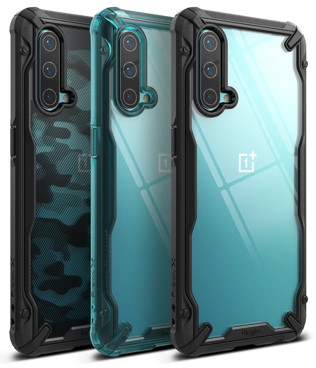 OnePlus Nord CE 5G Case | Fusion-X - Three rugged Fusion-X phone cases in camo, teal, and clear with black bumpers.