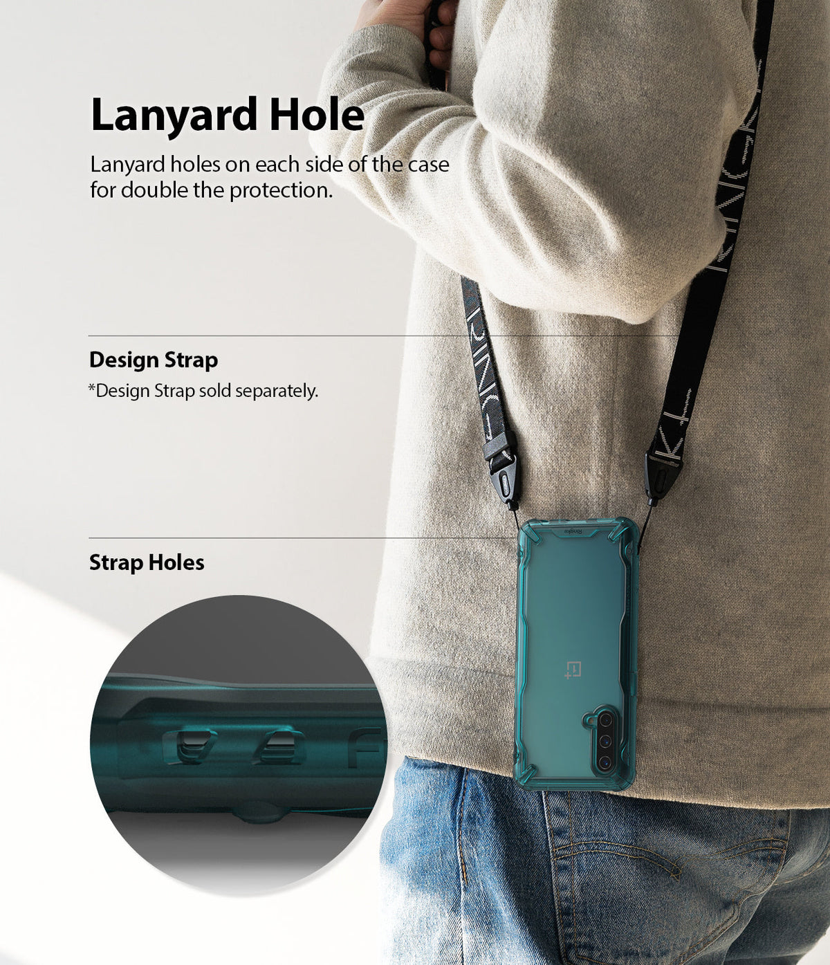 OnePlus Nord CE 5G Case | Fusion-X - Phone in a protective case worn around the neck with a strap attached to side holes.
