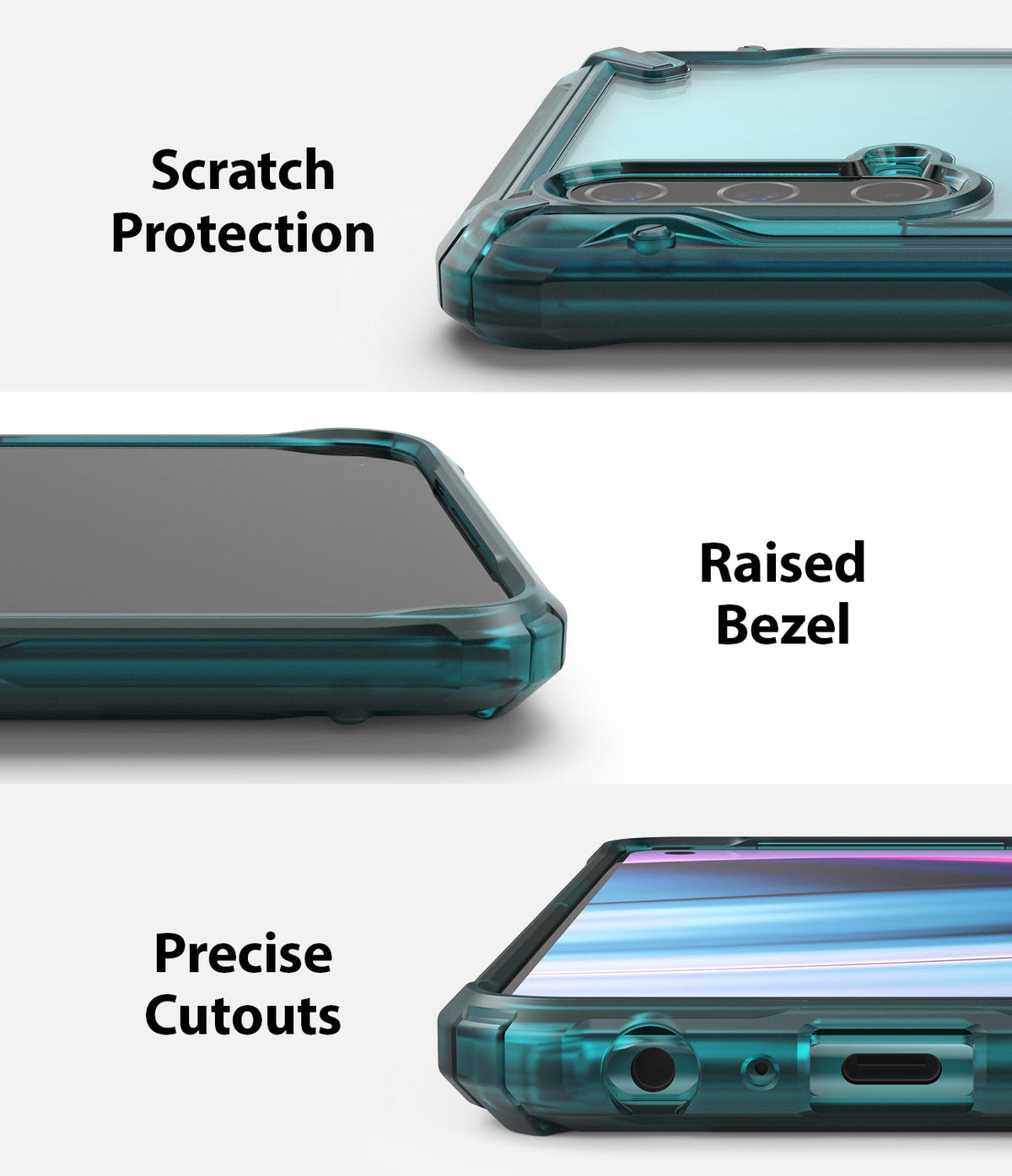 OnePlus Nord CE 5G Case | Fusion-X - Three views of a teal phone case highlighting scratch protection, raised bezels, and cutouts.