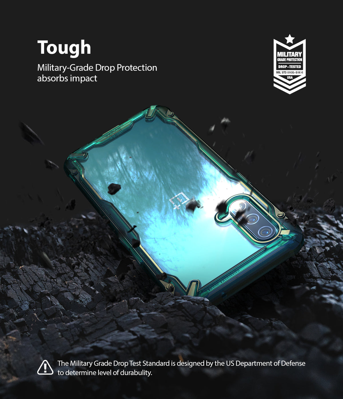 OnePlus Nord CE 5G Case | Fusion-X - A rugged phone case resting on dark, rocky debris with military-grade drop protection text.