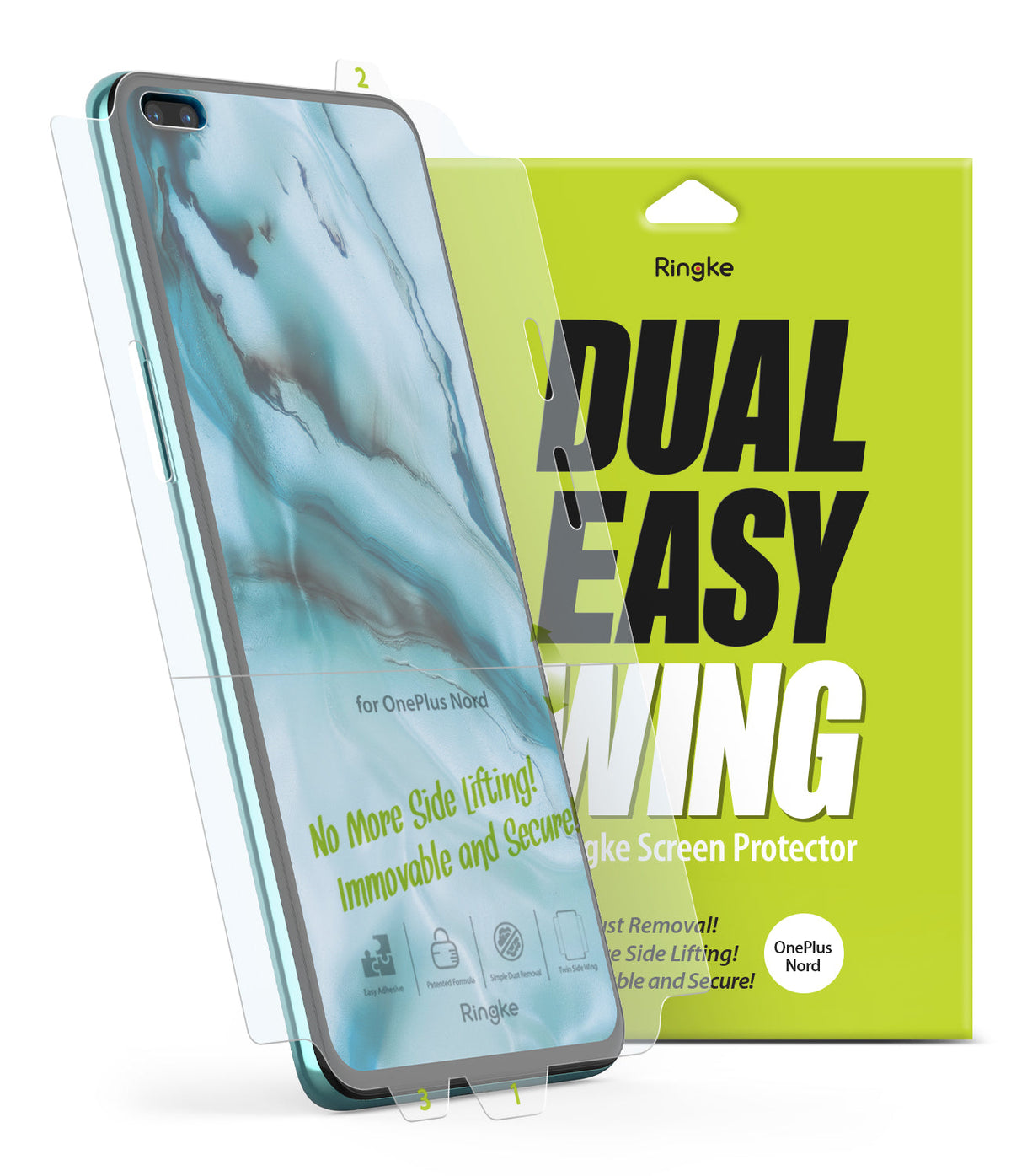 OnePlus Nord Screen Protector | Dual Easy Film - A OnePlus Nord phone with a screen protector being applied next to its lime green packaging.