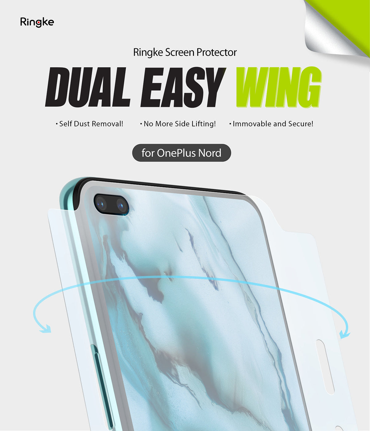 OnePlus Nord Screen Protector | Dual Easy Film - A protective film being applied to a OnePlus Nord smartphone screen.